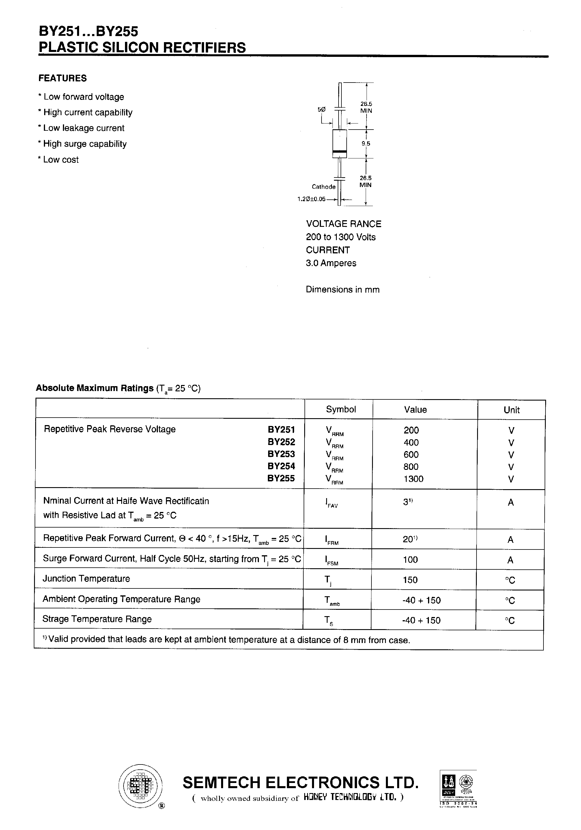 Datasheet BY253 page 1 Datasheet BY253 - PLASTIC SILICON RECTIFIERS page 1