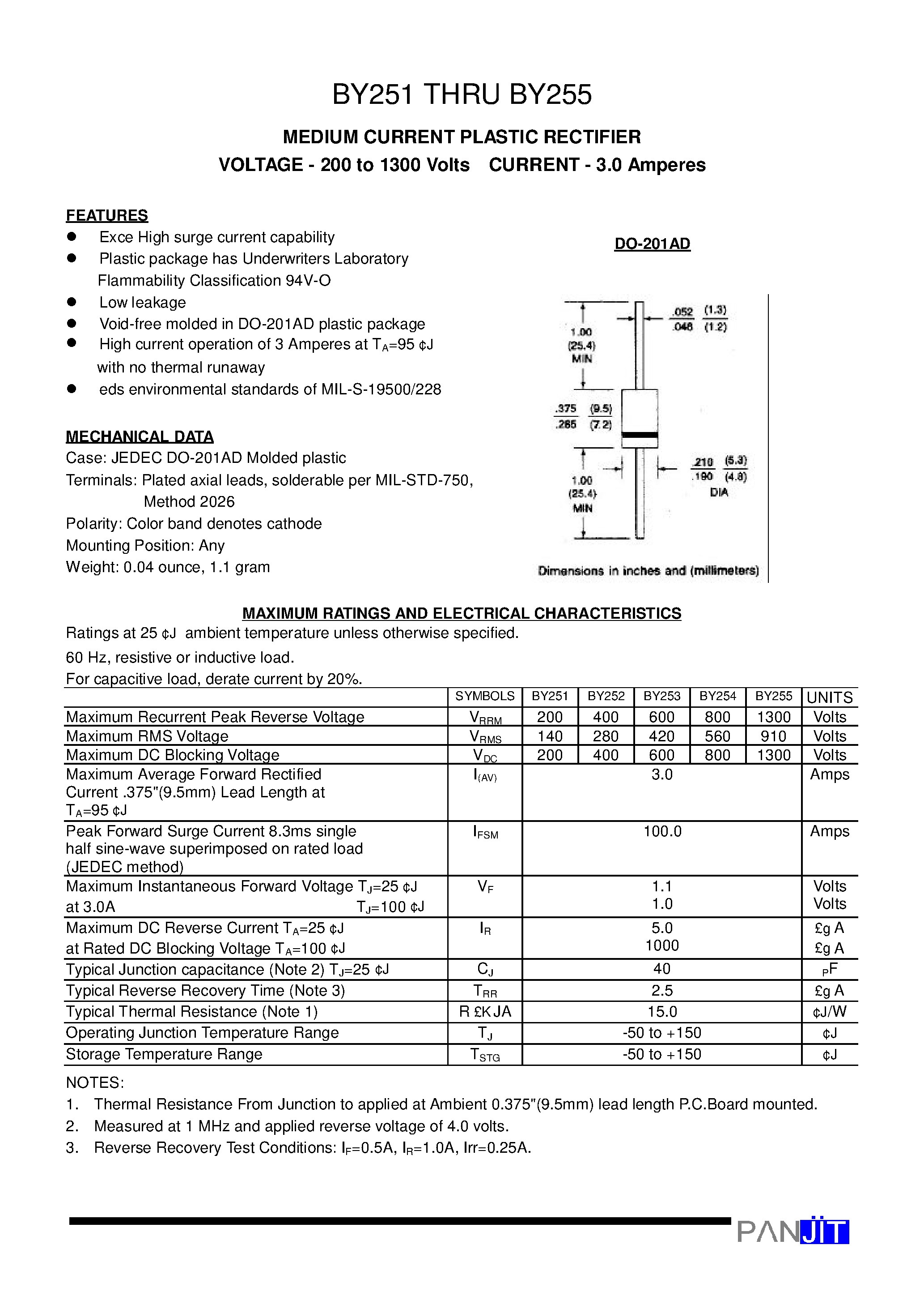 Datasheet BY254 page 1 Datasheet BY254 - MEDIUM CURRENT PLASTIC RECTIFIER(VOLTAGE - 200 to 1300 Volts CURRENT - 3.0 Amperes) page 1