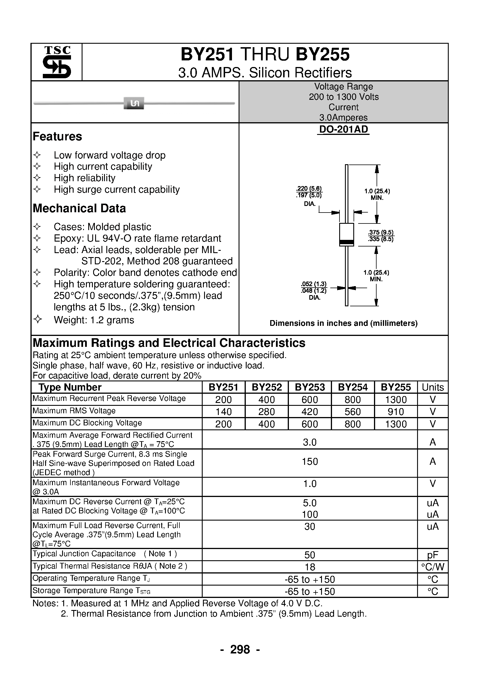 Datasheet BY255 page 1 Datasheet BY255 - 3.0 AMPS. Silicon Rectifiers page 1