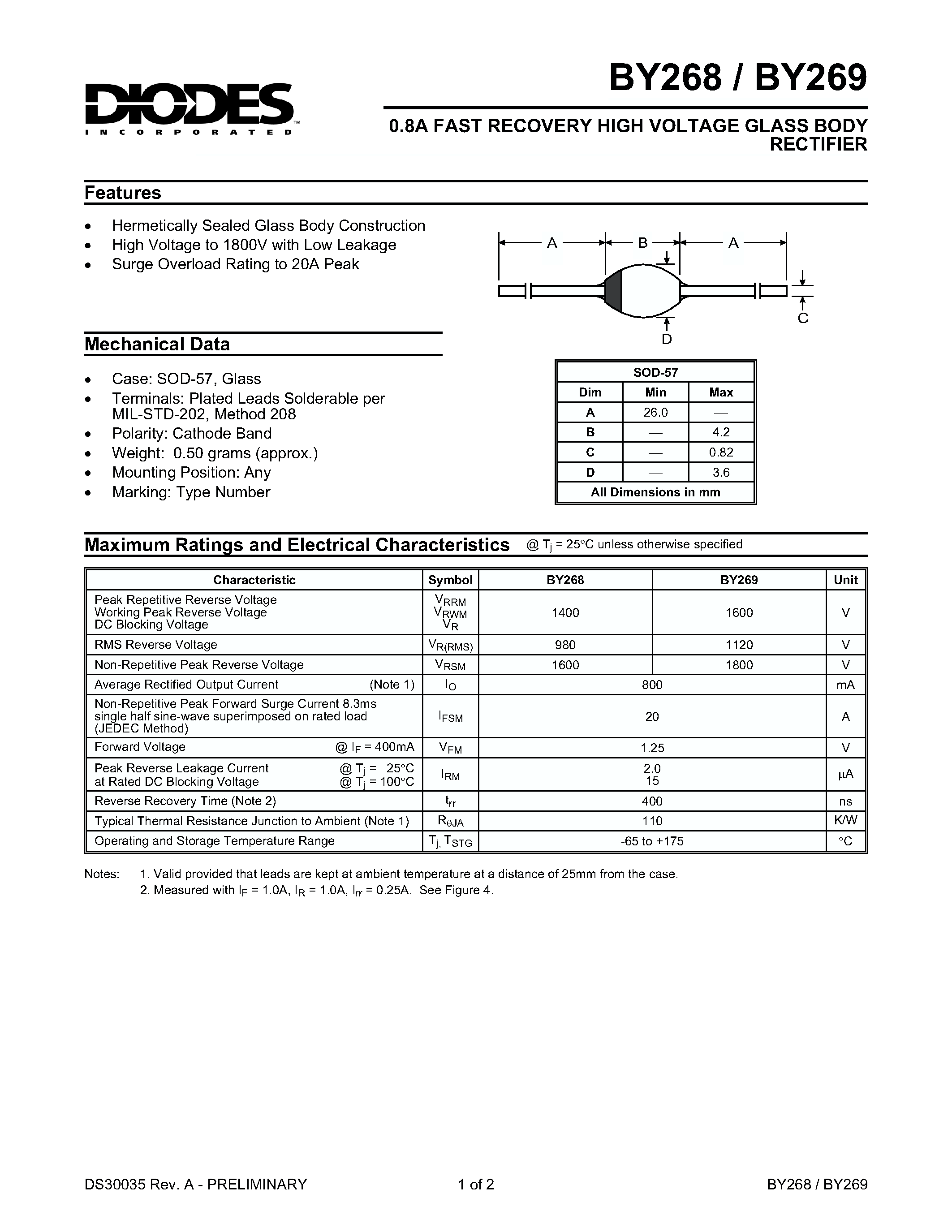 Datasheet BY268 page 1 Datasheet BY268 - 0.8A FAST RECOVERY HIGH VOLTAGE GLASS BODY RECTIFIER page 1