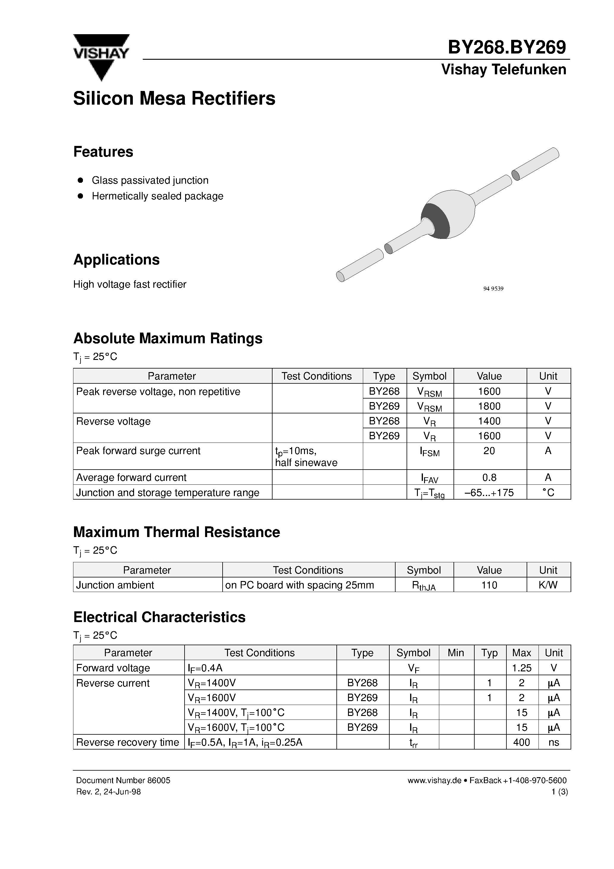Datasheet BY269 page 1 Datasheet BY269 - Silicon Mesa Rectifiers page 1
