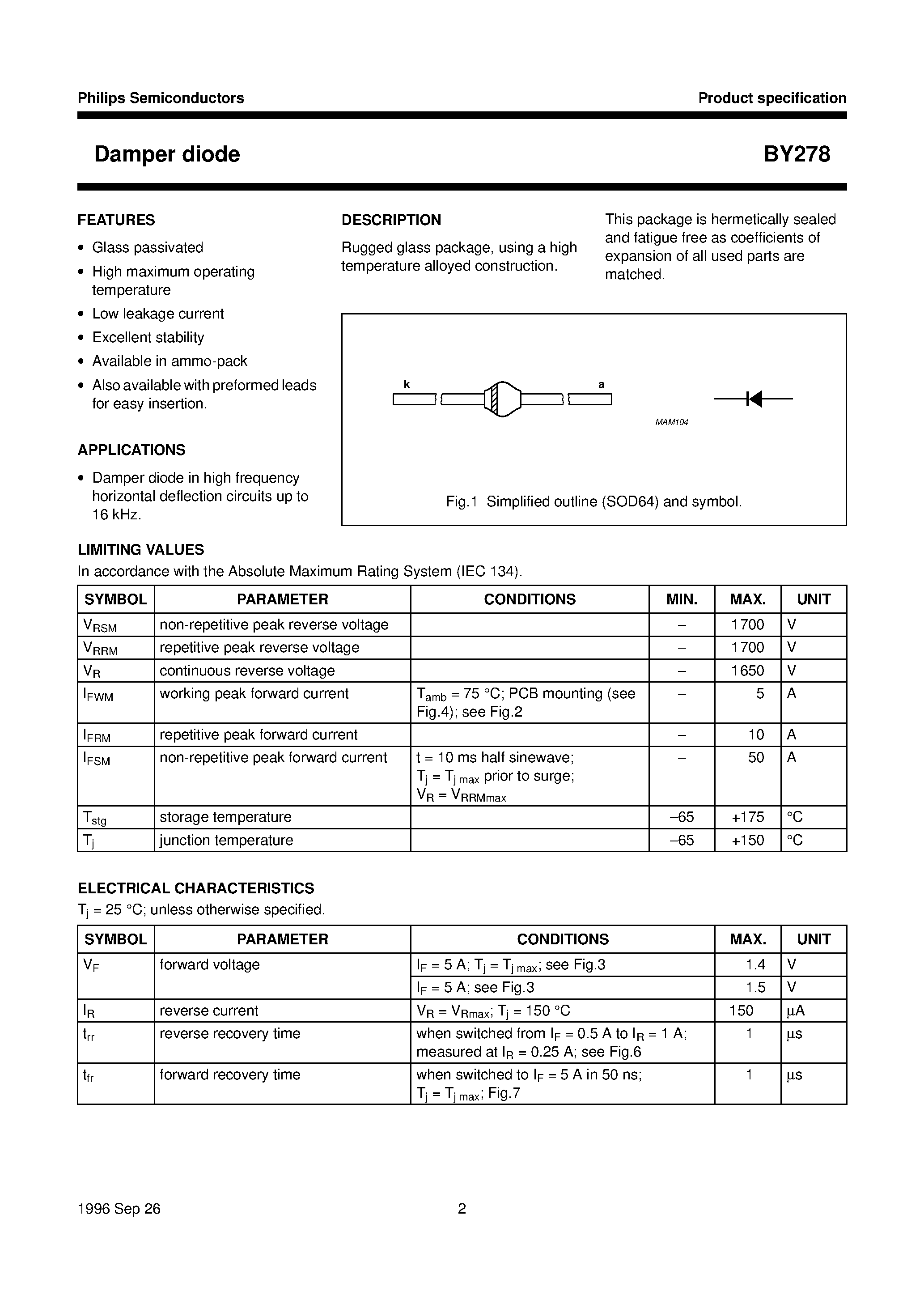 Datasheet BY278 page 2 Datasheet BY278 - Damper diode page 2