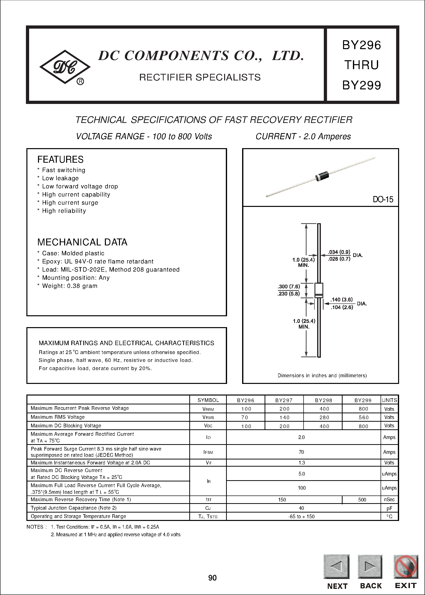Datasheet BY296 page 1 Datasheet BY296 - TECHNICAL SPECIFICATIONS OF FAST RECOVERY RECTIFIER page 1