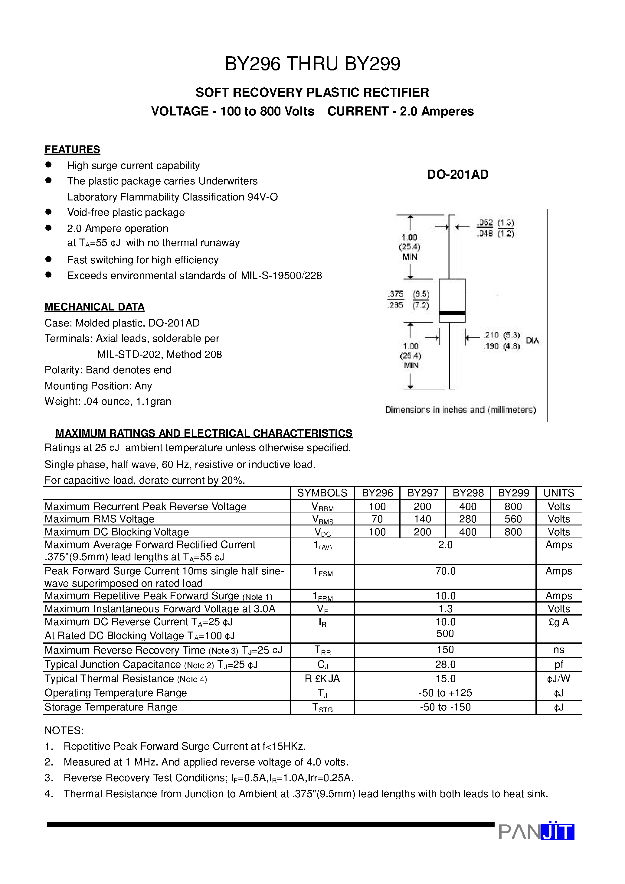 Datasheet BY297 - SOFT RECOVERY PLASTIC RECTIFIER(VOLTAGE - 100 to 800 Volts CURRENT - 2.0 Amperes) page 1