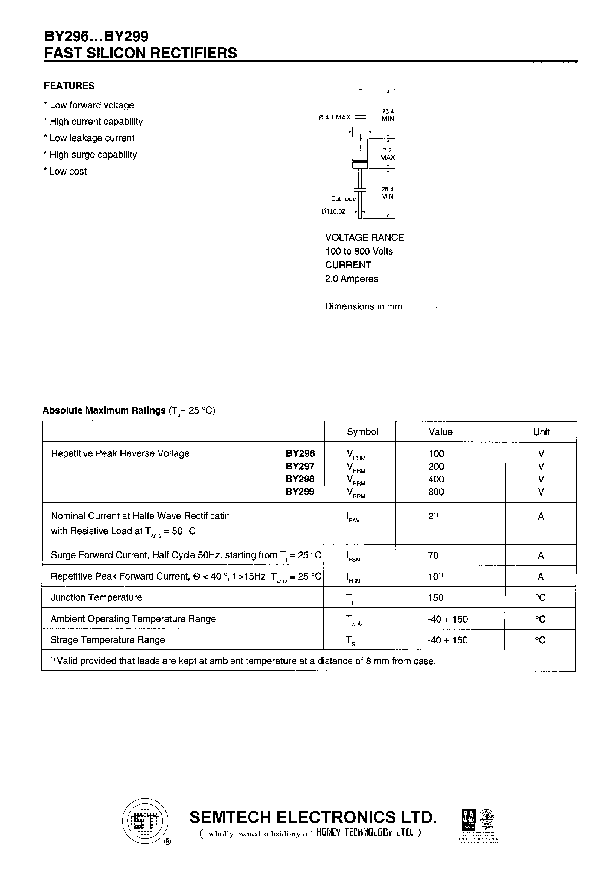 Datasheet BY298 page 1 Datasheet BY298 - FAST SILICON RECTIFIERS page 1
