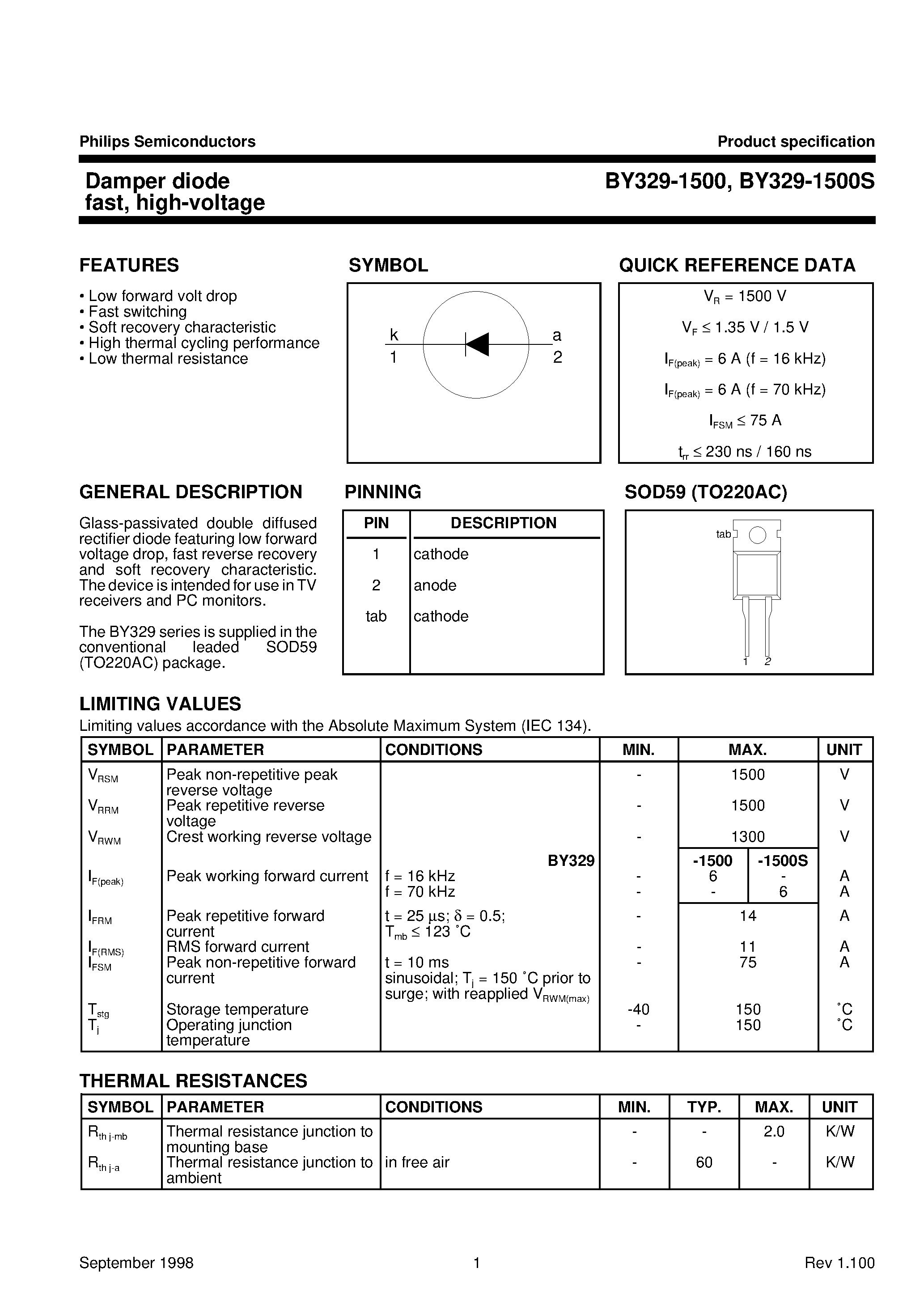 Datasheet BY329-1500S - Damper diode fast/ high-voltage page 1