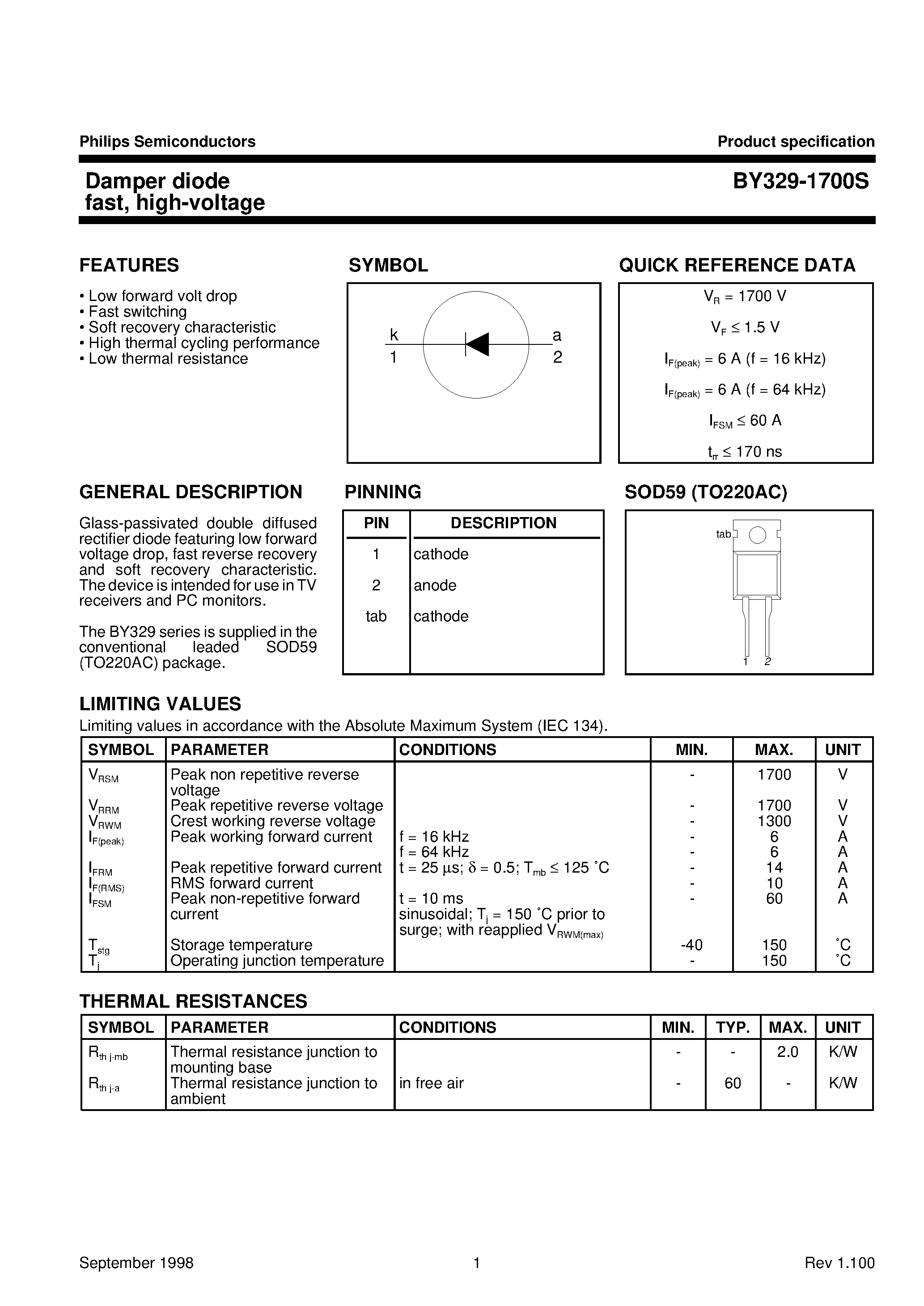Datasheet BY329-1700S - Damper diode fast/ high-voltage page 1