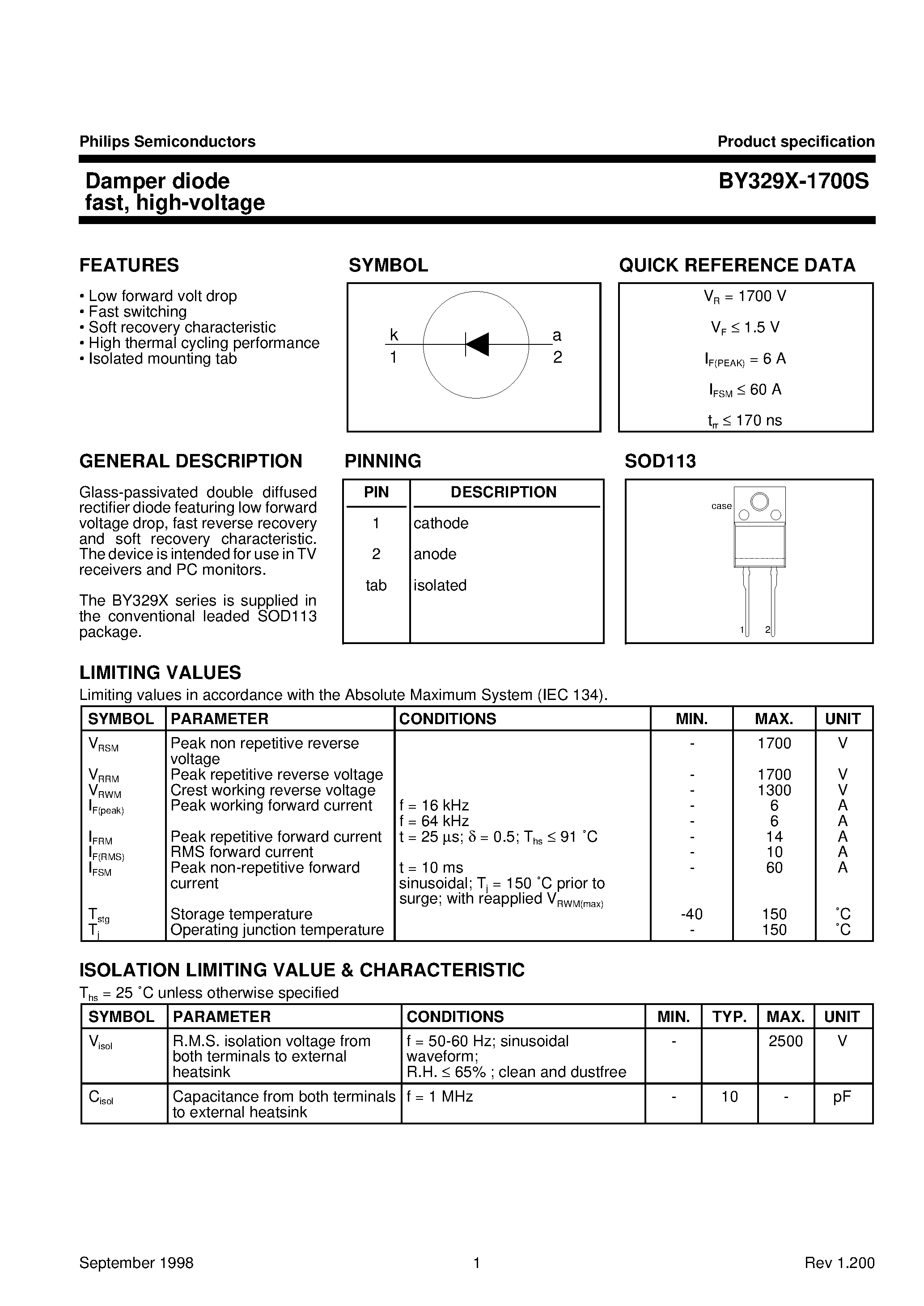 Datasheet BY329X-1700S page 1 Datasheet BY329X-1700S - Damper diode fast/ high-voltage page 1