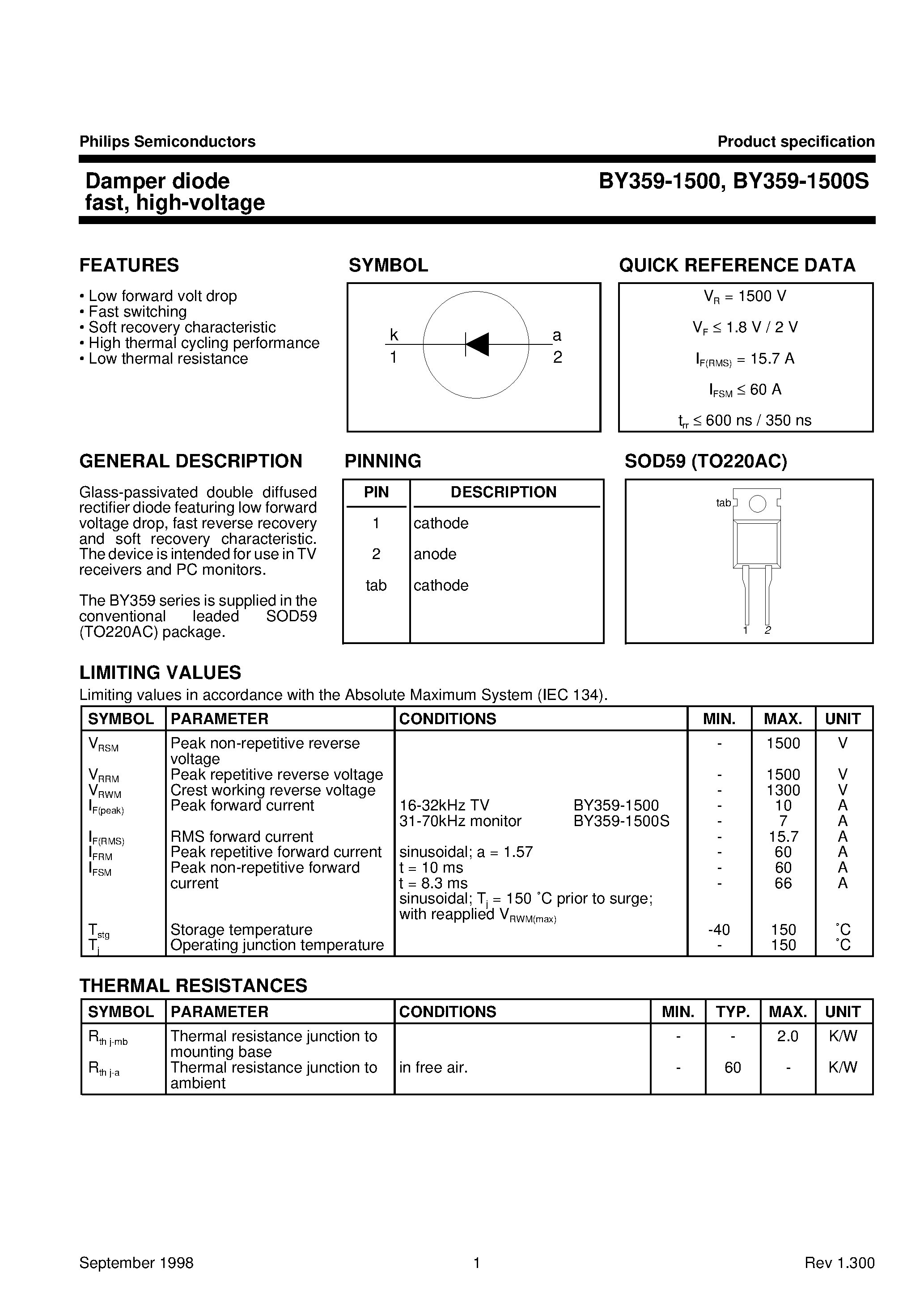 Datasheet BY359-1500 page 1 Datasheet BY359-1500 - Damper diode fast/ high-voltage page 1