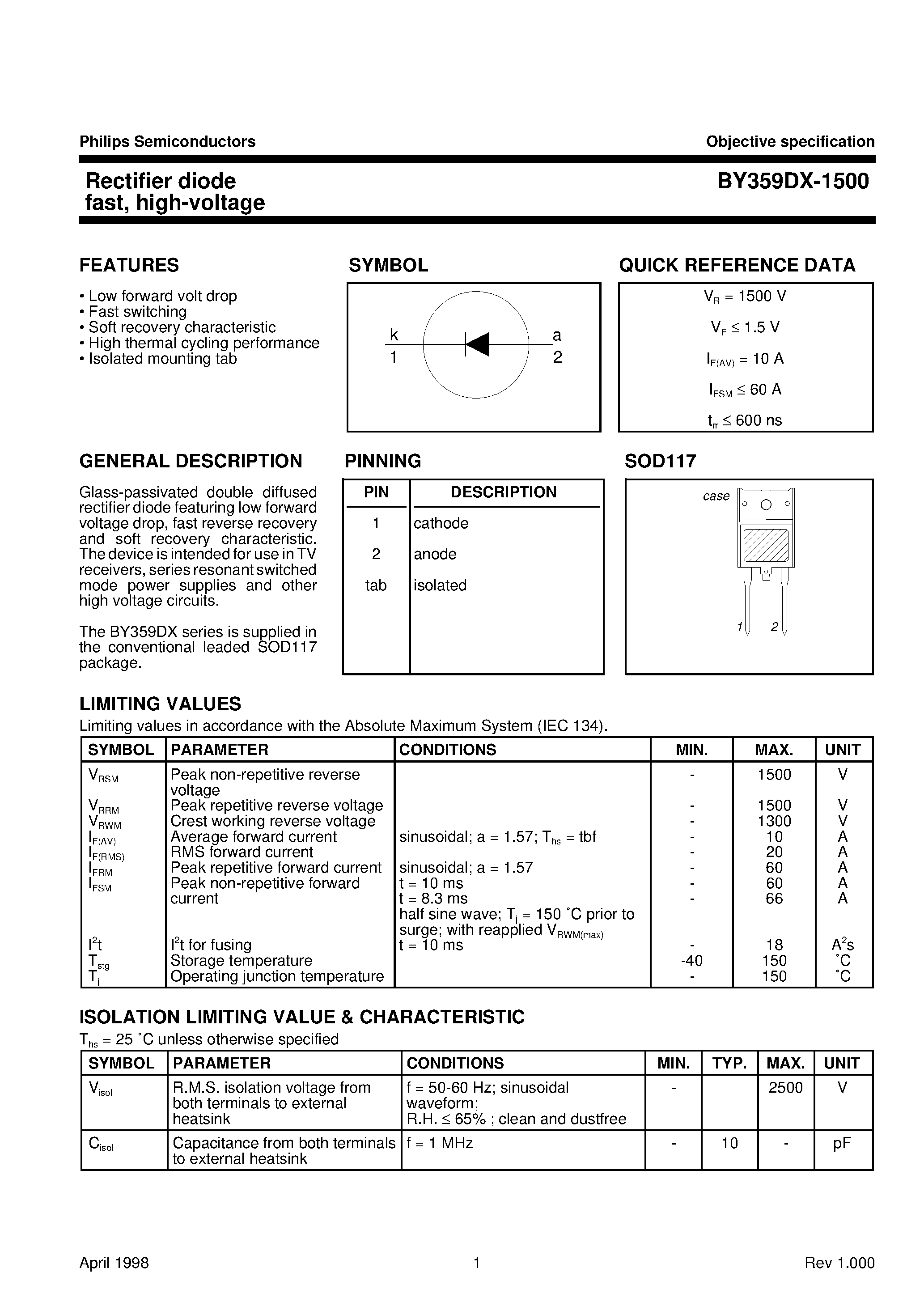 Datasheet BY359DX-1500 - Rectifier diode fast/ high-voltage page 1