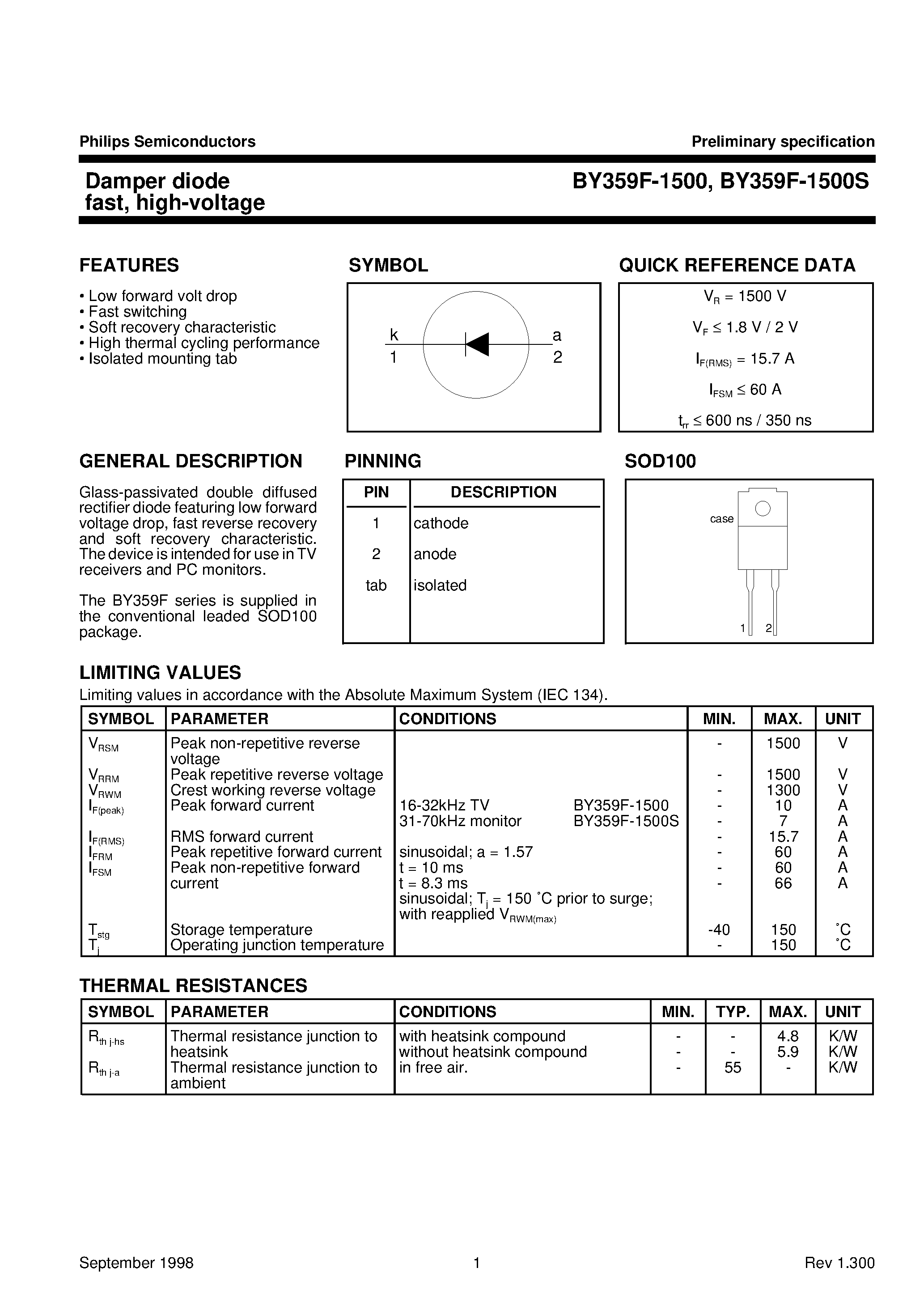 Datasheet BY359F-1500 - Damper diode fast/ high-voltage page 1