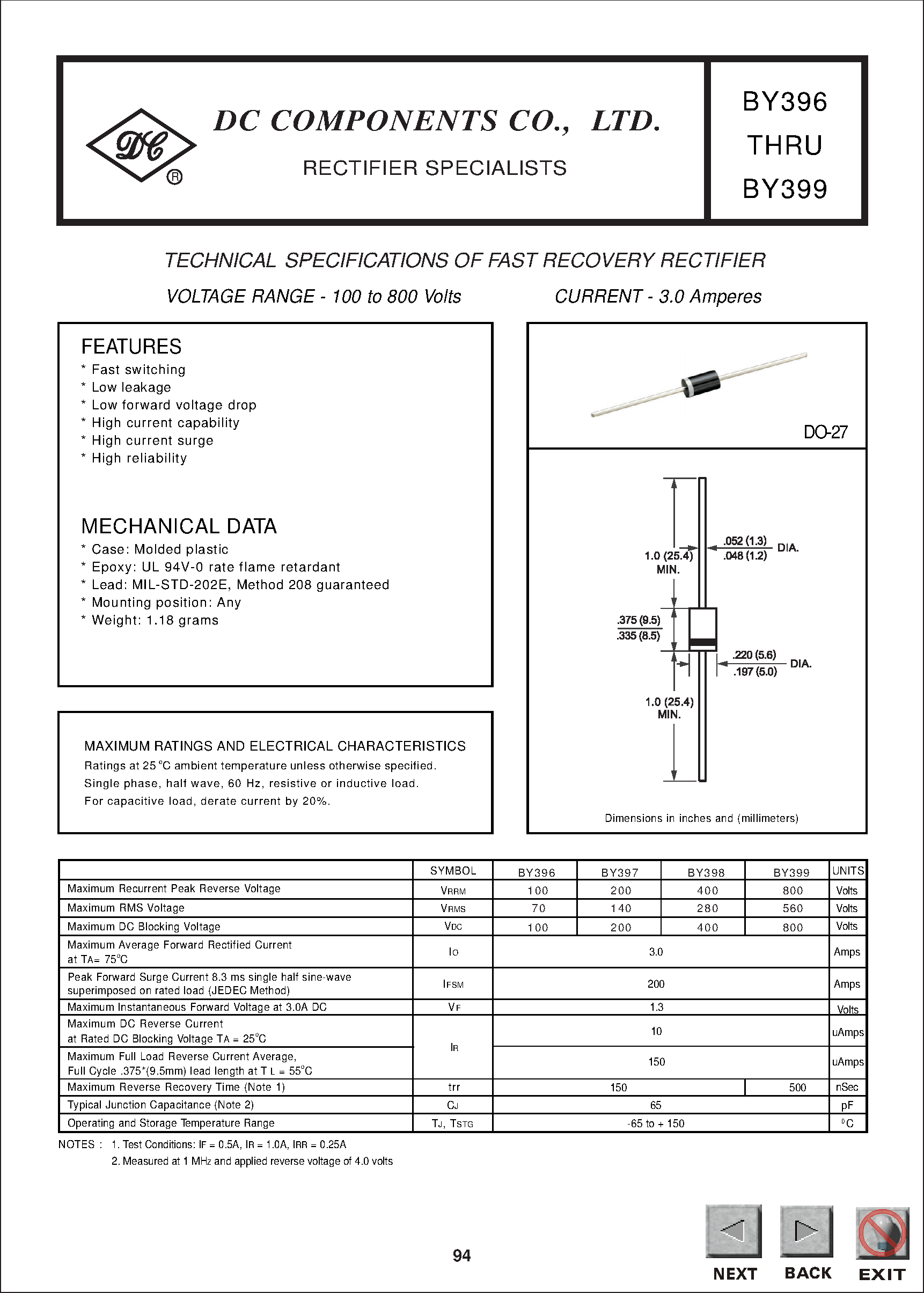 Datasheet BY396 page 1 Datasheet BY396 - TECHNICAL SPECIFICATIONS OF FAST RECOVERY RECTIFIER page 1