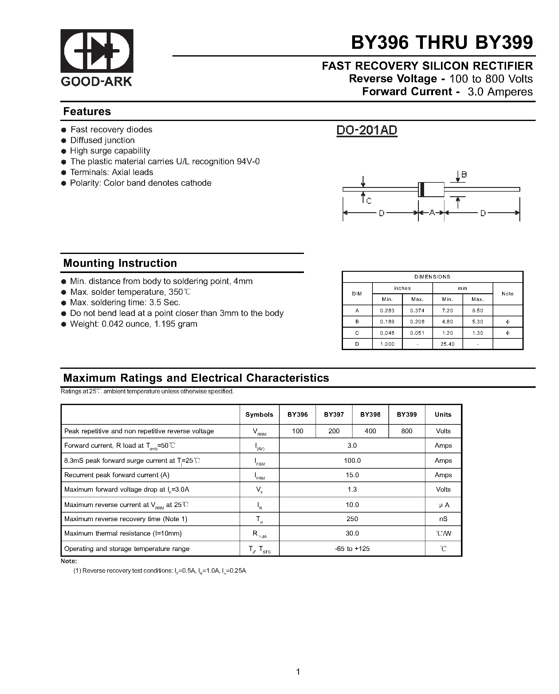Datasheet BY396 page 1 Datasheet BY396 - FAST RECOVERY SILICON RECTIFIER page 1