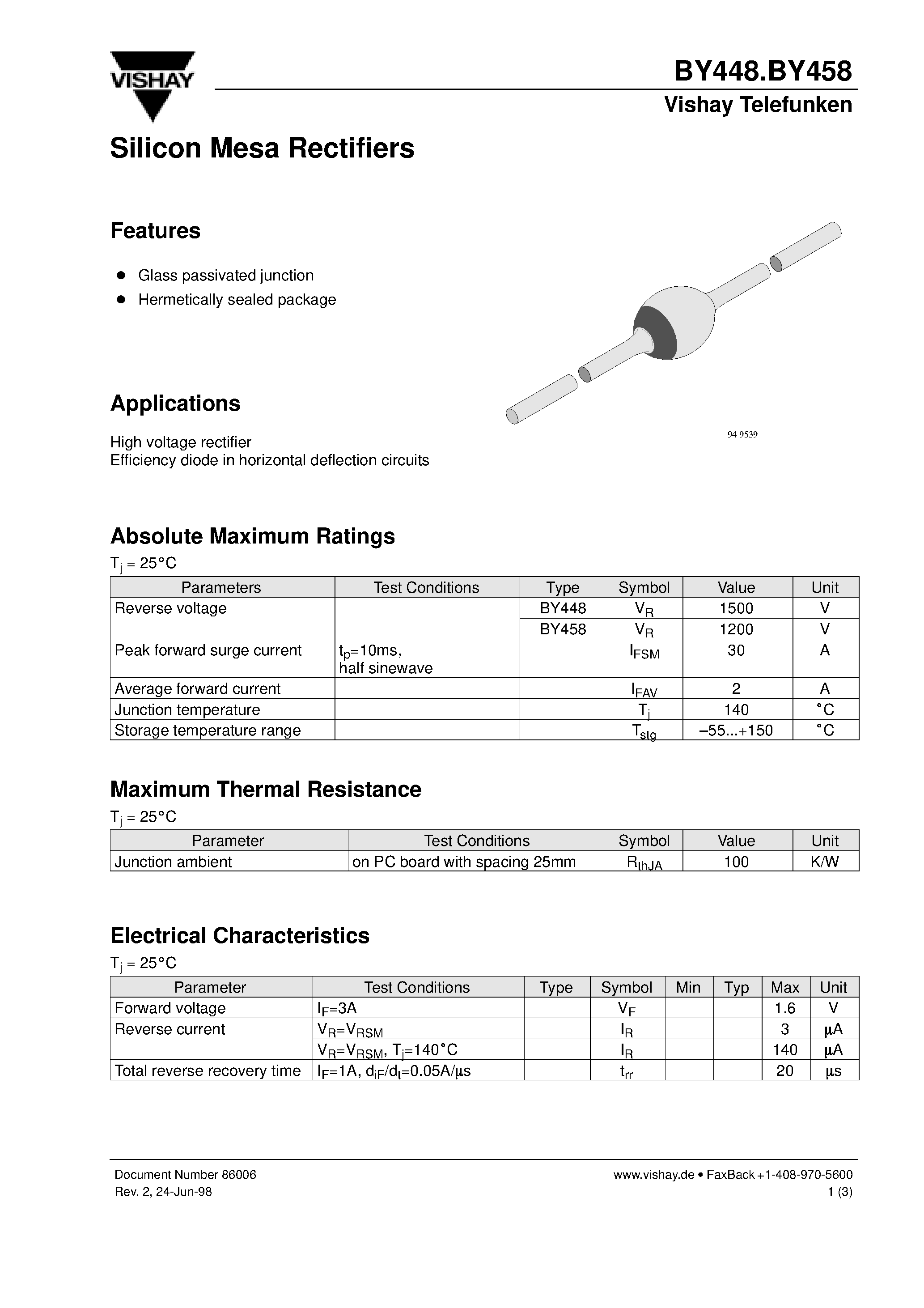 Datasheet BY458 page 1 Datasheet BY458 - Silicon Mesa Rectifiers page 1