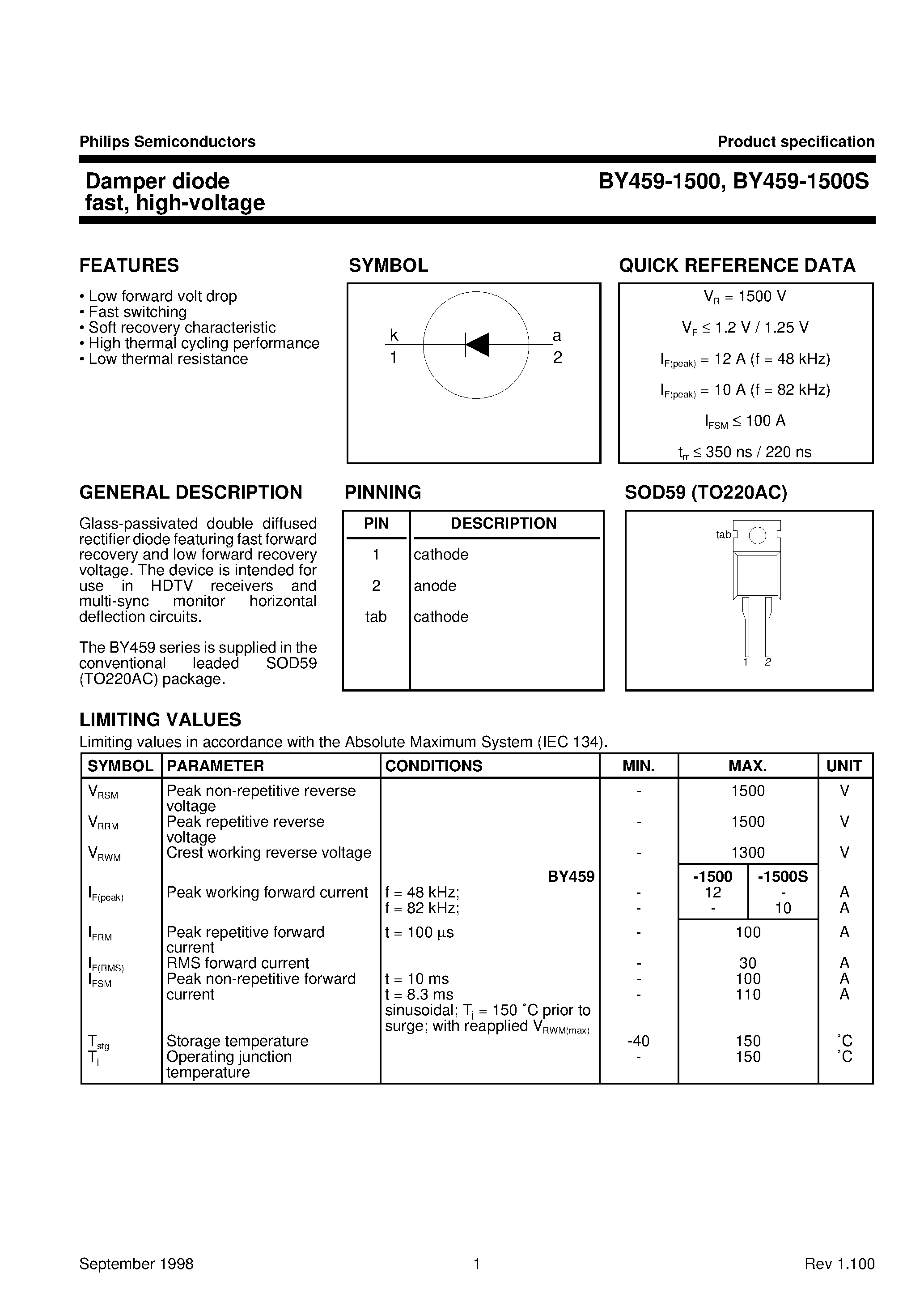 Datasheet BY459-1500 page 1 Datasheet BY459-1500 - Damper diode fast/ high-voltage page 1