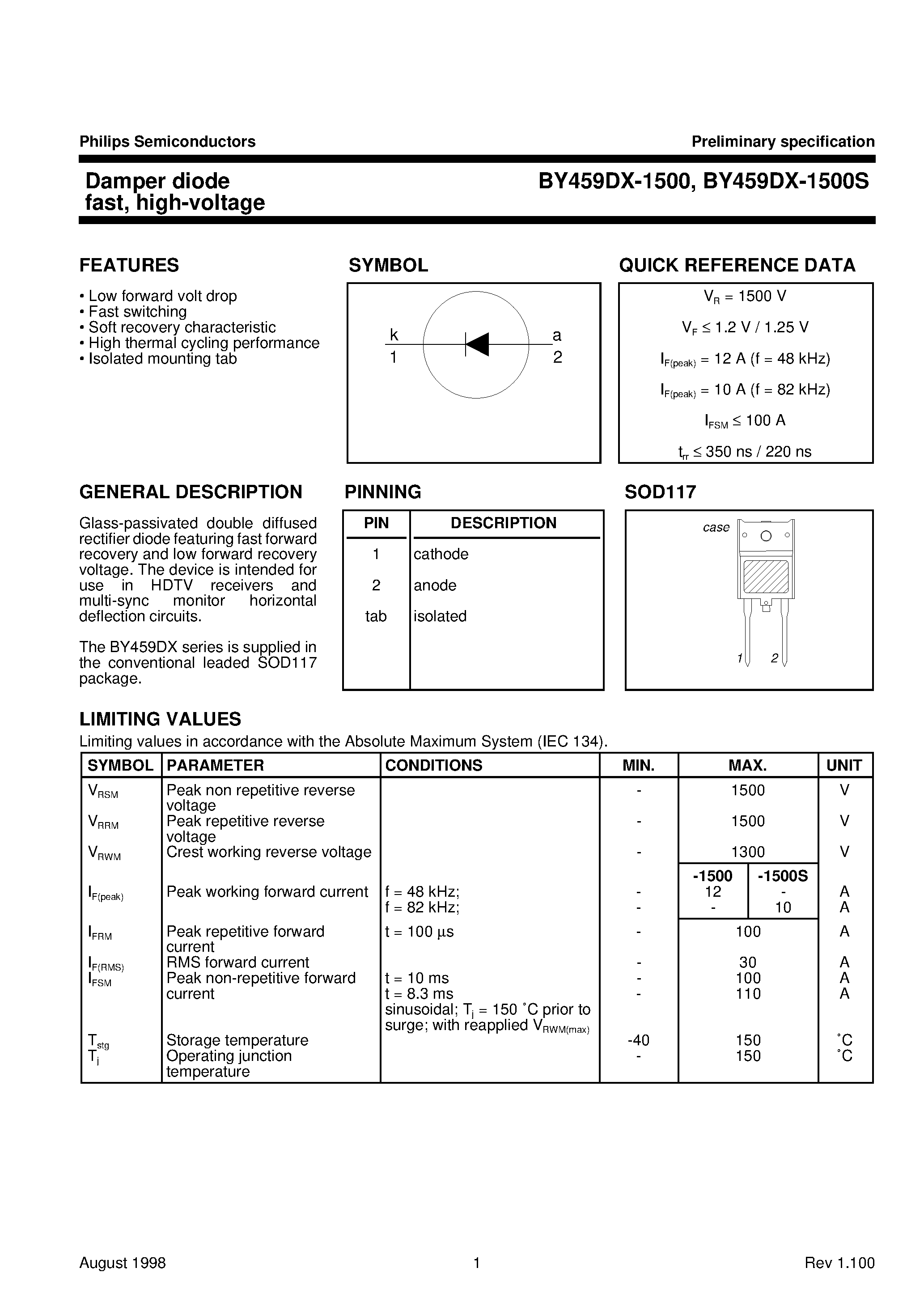 Datasheet BY459DX-1500S page 1 Datasheet BY459DX-1500S - Damper diode fast/ high-voltage page 1