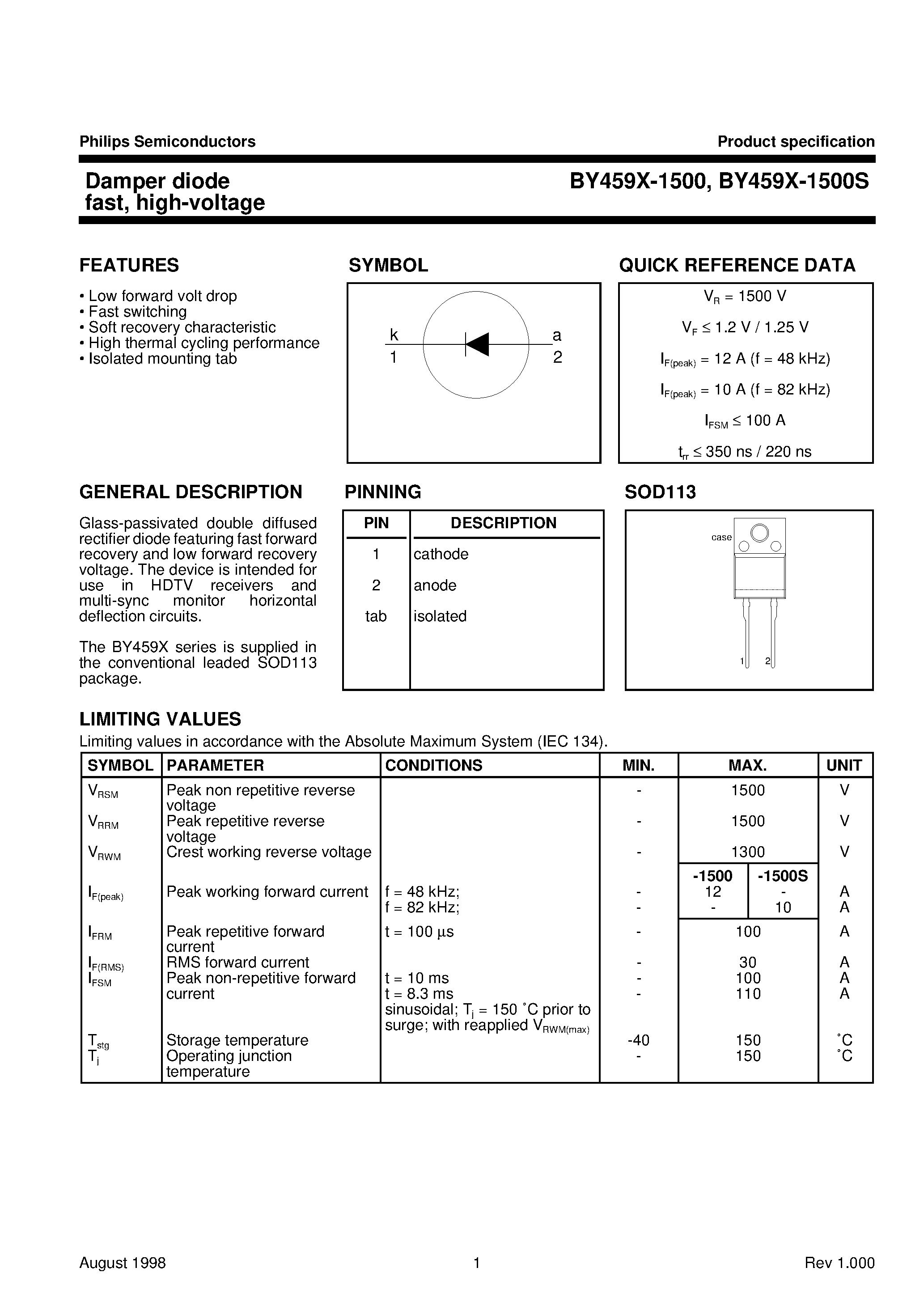 Datasheet BY459X-1500S page 1 Datasheet BY459X-1500S - Damper diode fast/ high-voltage page 1