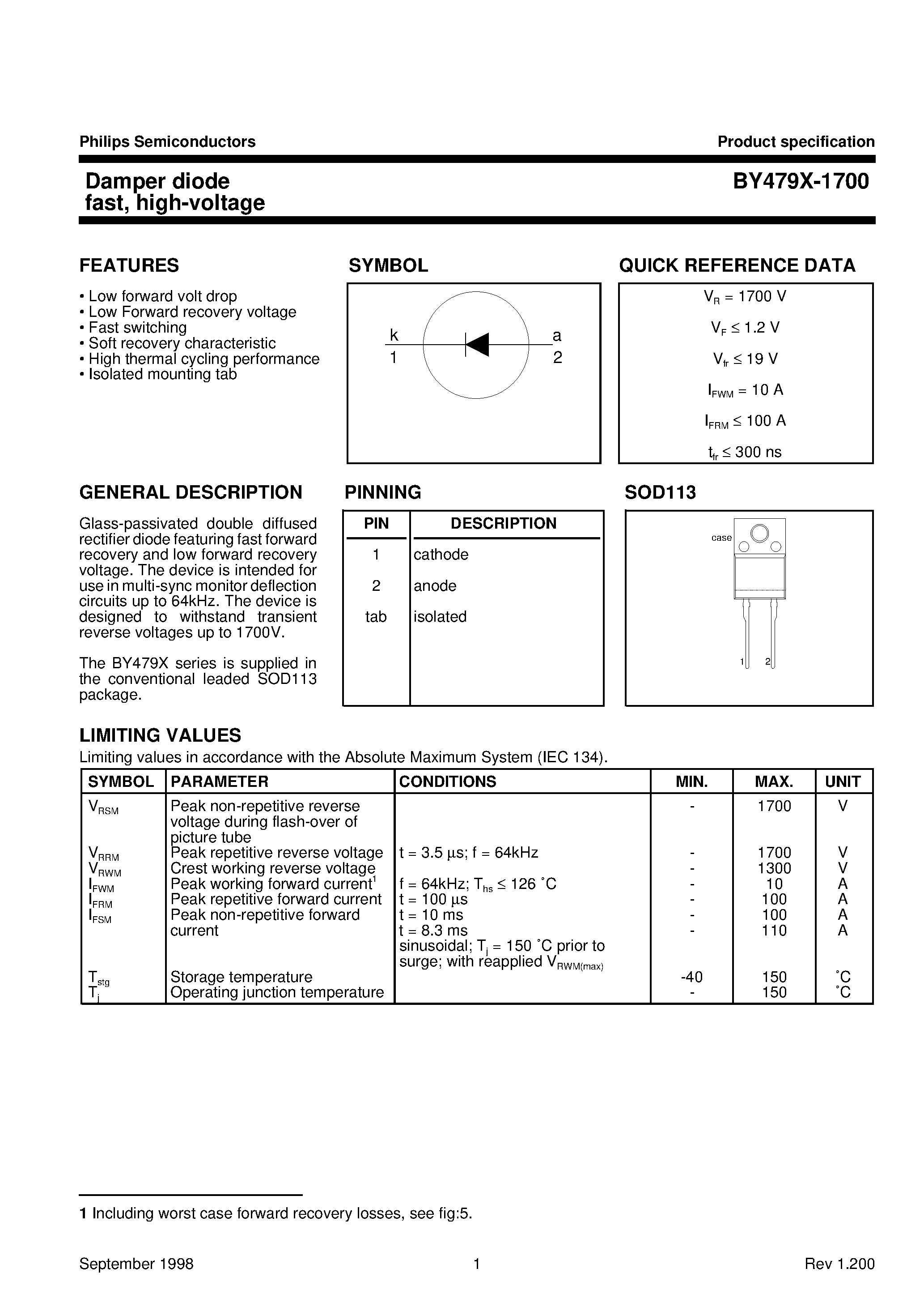 Datasheet BY479X-1700 page 1 Datasheet BY479X-1700 - Damper diode fast/ high-voltage page 1