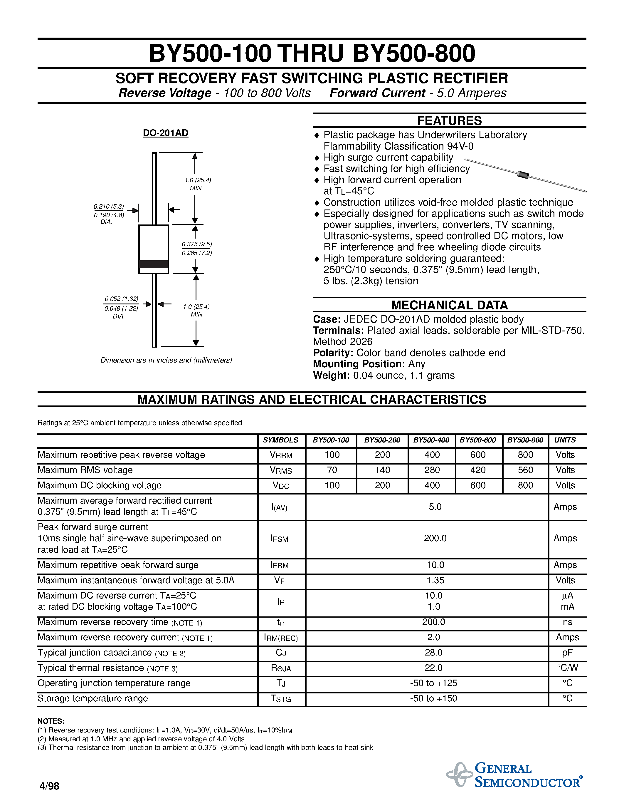 Datasheet BY500-600 page 1 Datasheet BY500-600 - SOFT RECOVERY FAST SWITCHING PLASTIC RECTIFIER page 1