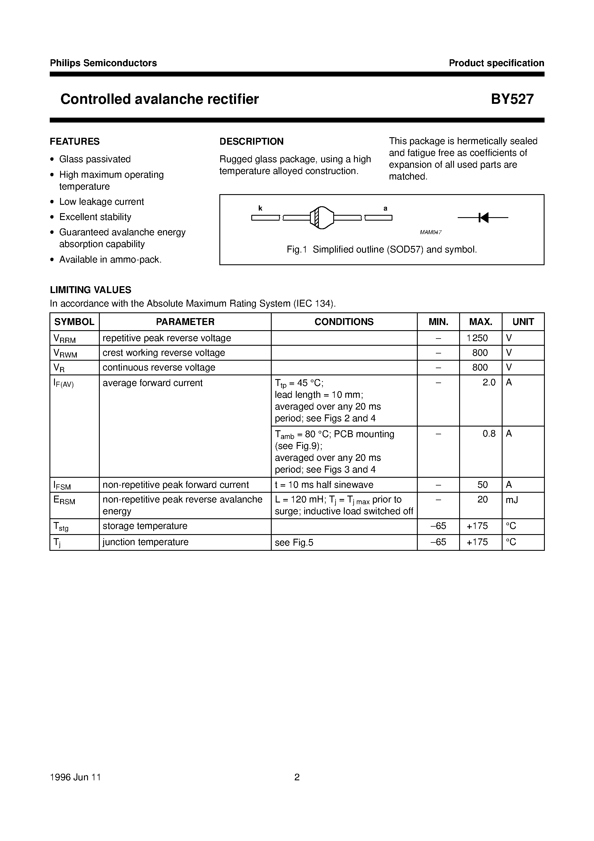 Datasheet BY527 page 2 Datasheet BY527 - Controlled avalanche rectifier page 2