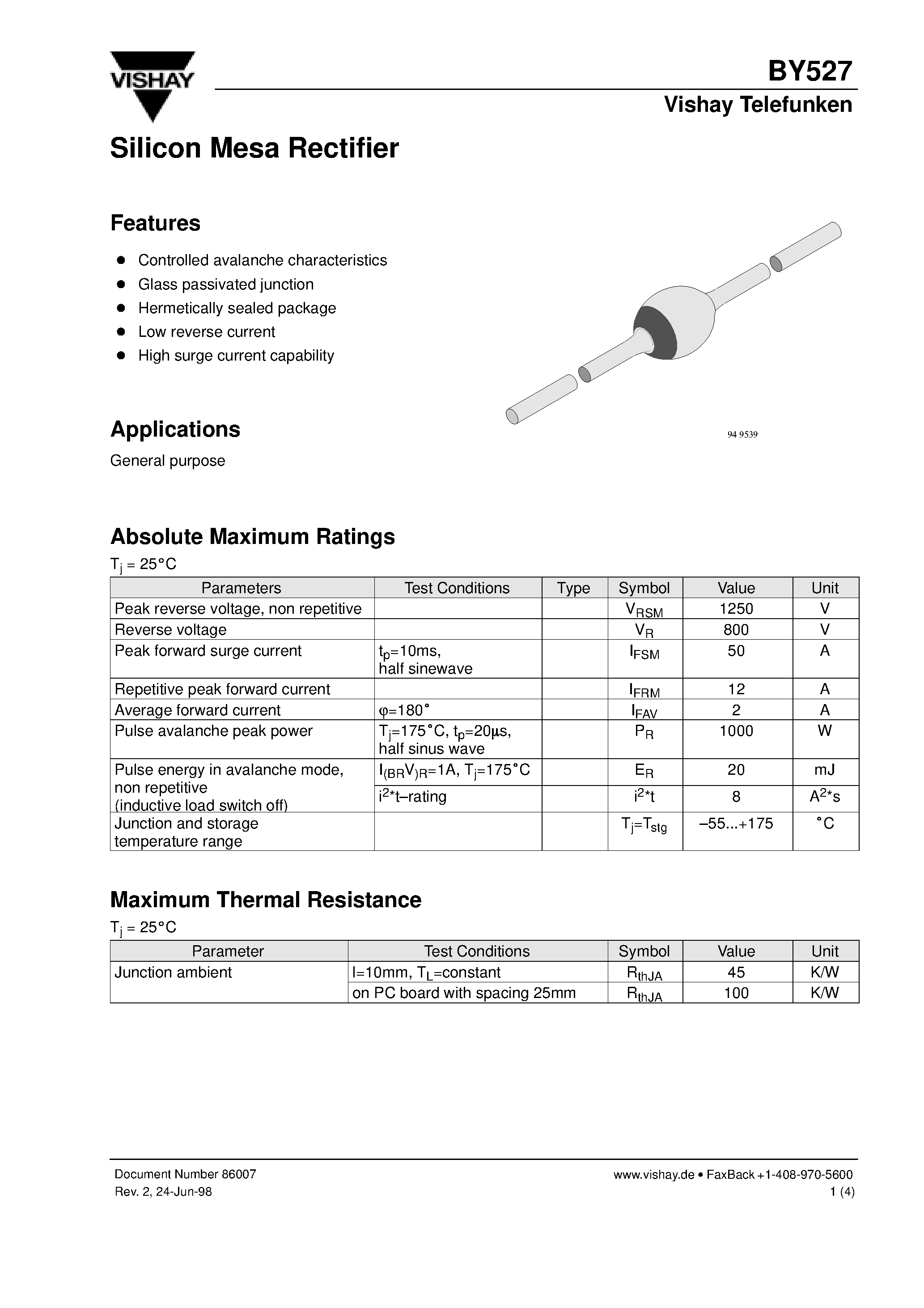 Datasheet BY527 page 1 Datasheet BY527 - Silicon Mesa Rectifier page 1