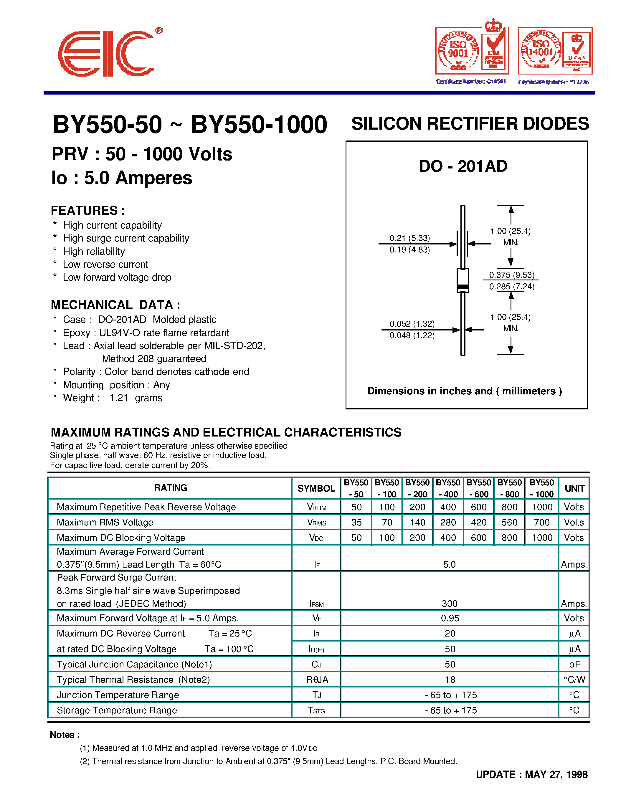 Datasheet BY550-200 page 1 Datasheet BY550-200 - SILICON RECTIFIER DIODES page 1