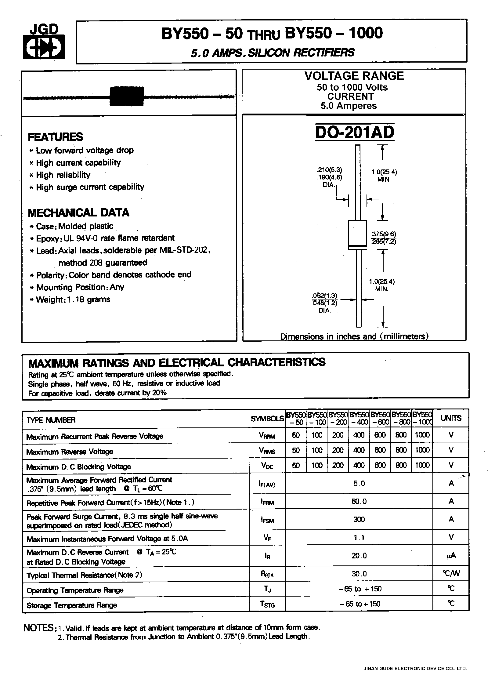 Datasheet BY550-50 - 5.0 AMP.SILICON RECTIFIERS page 1
