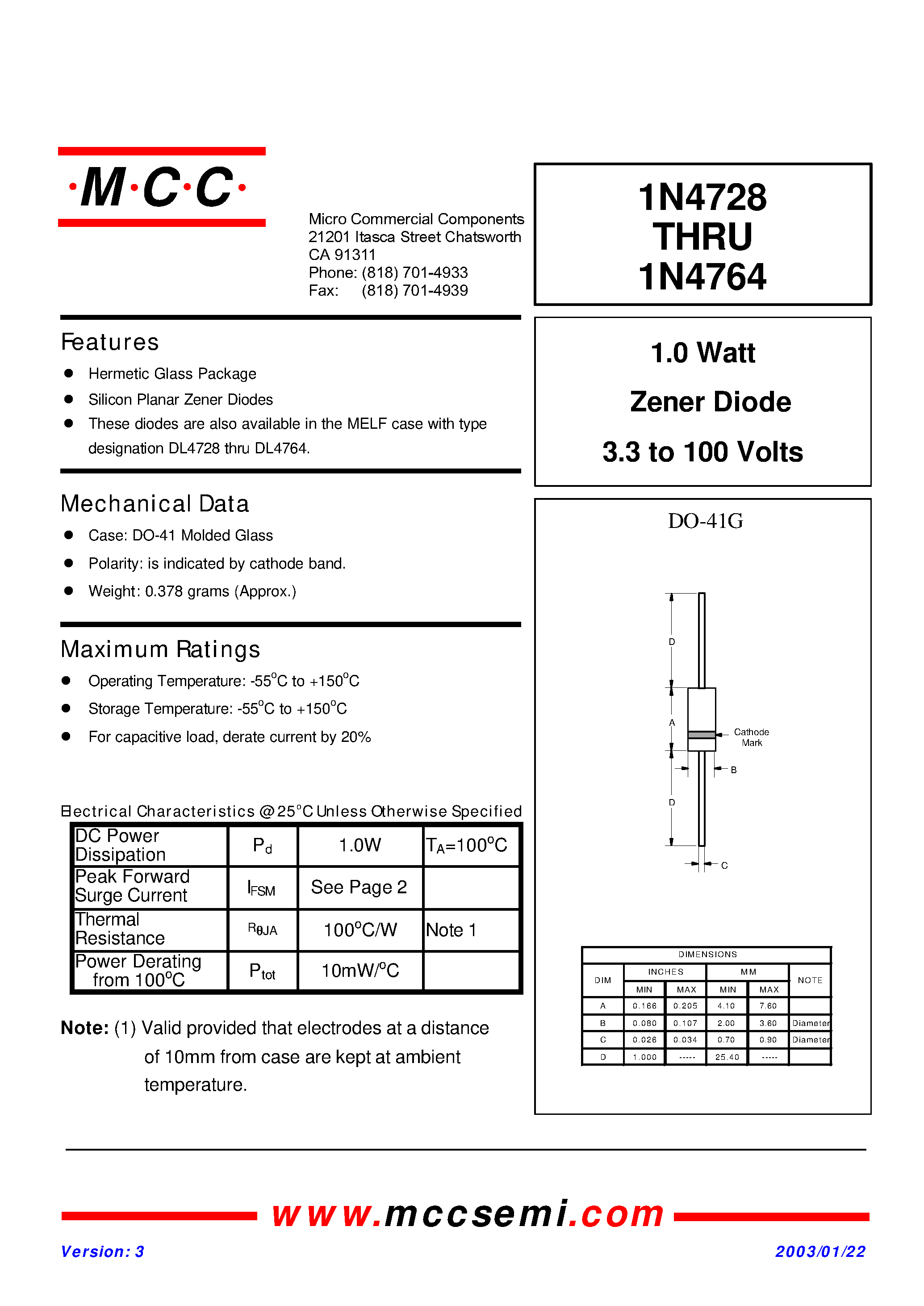 Datasheet 1N4764 - 1.0 Watt Zener Diode 3.3 to 100 Volts page 1