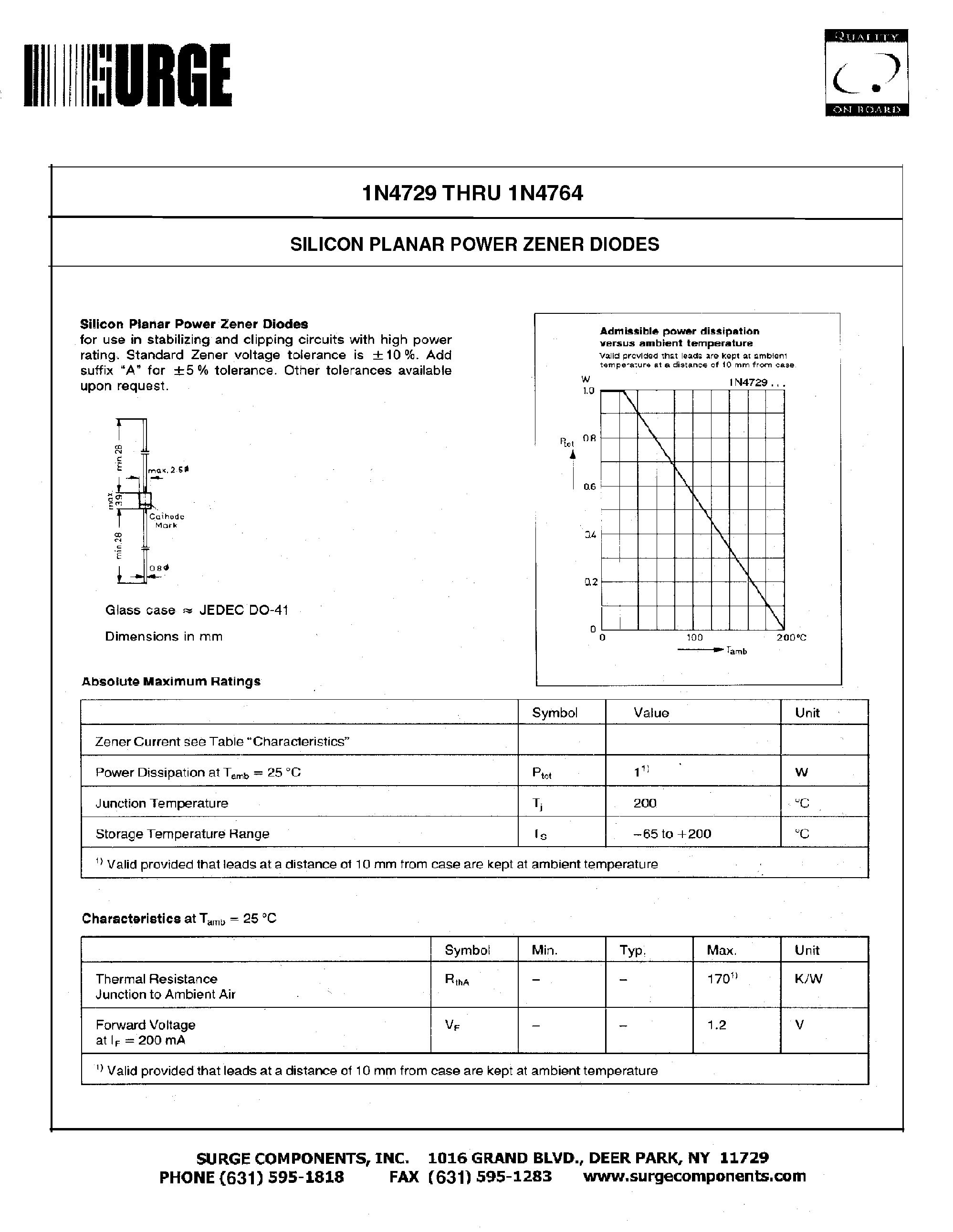 Datasheet 1N4764 - SILICON PLANAR POWER ZENER DIODES page 1