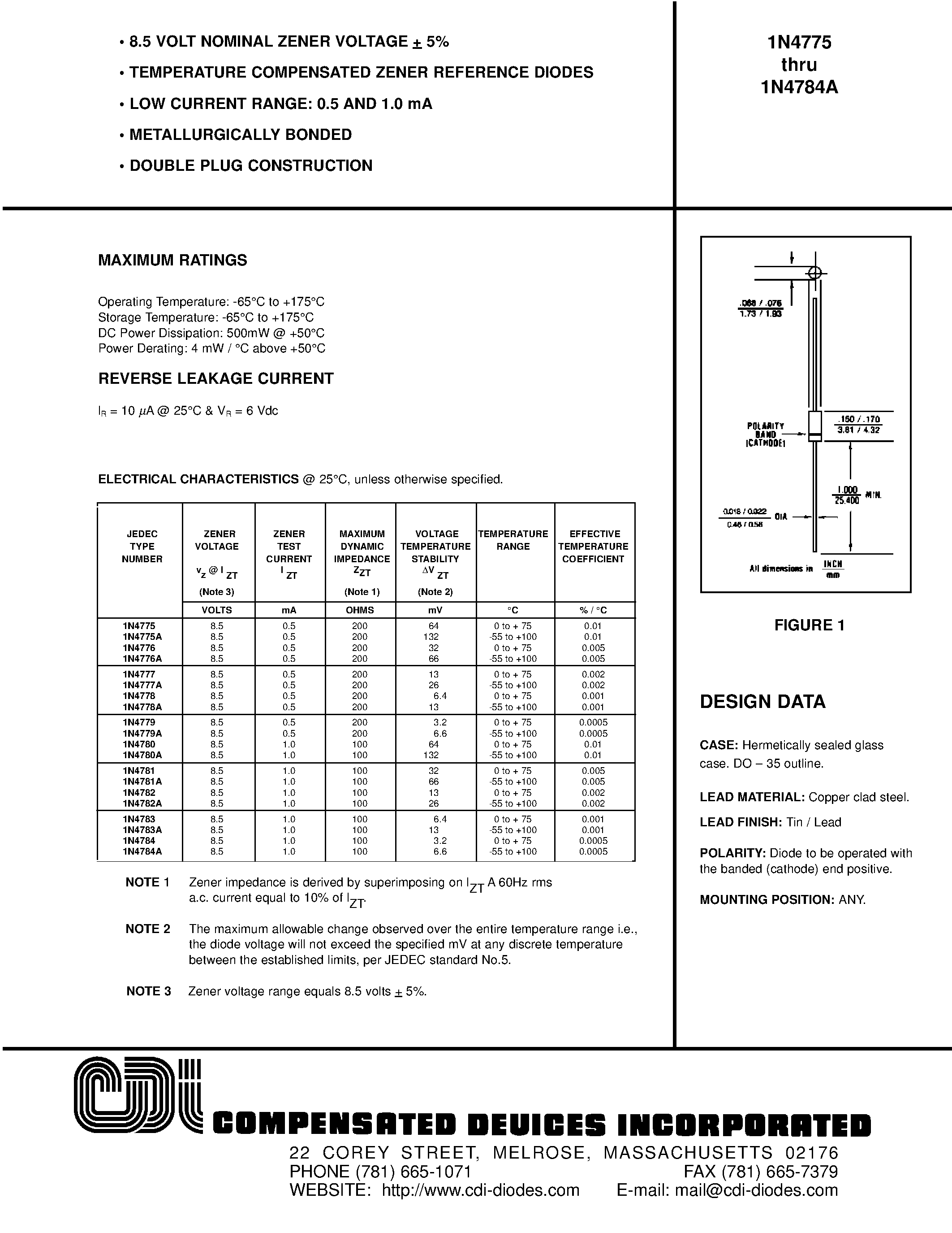 Datasheet 1N4776A page 1 Datasheet 1N4776A - 8.5 VOLT NOMINAL ZENER VOLTAGE + 5% page 1