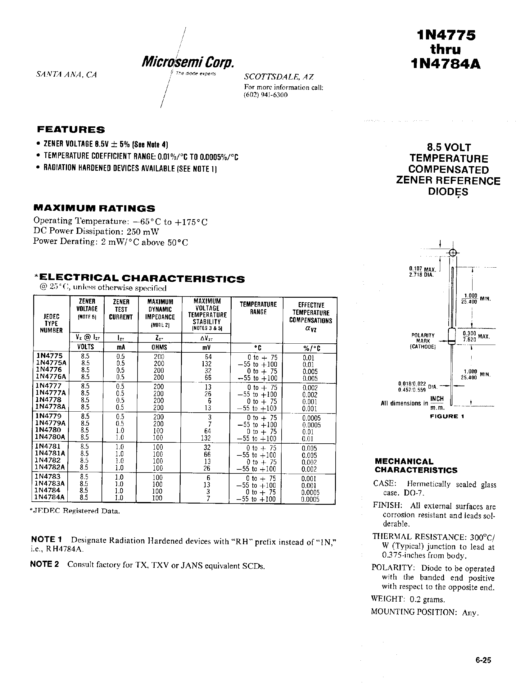 Datasheet 1N4779A - 8.5 VOLT TEMPERATURE COMPENSATED ZENER REFERENCE DIODES page 1