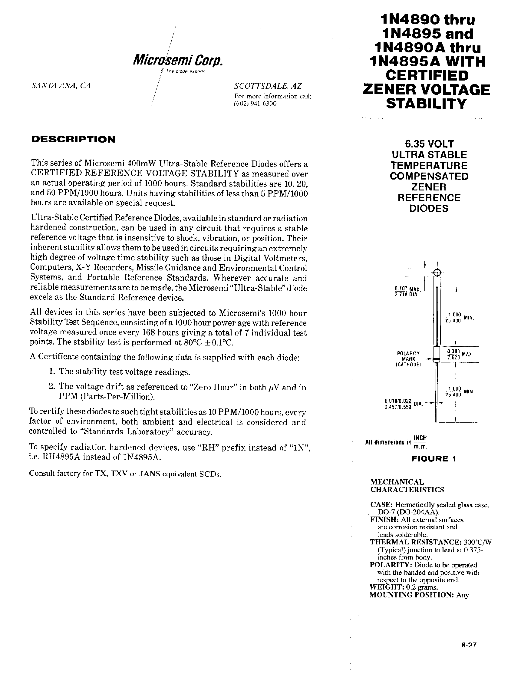 Datasheet 1N4895 - 6.35 VOLT ULTRA STABLE TEMPERATURE COMPENSATED ZENER REFERENCE DIODES page 1