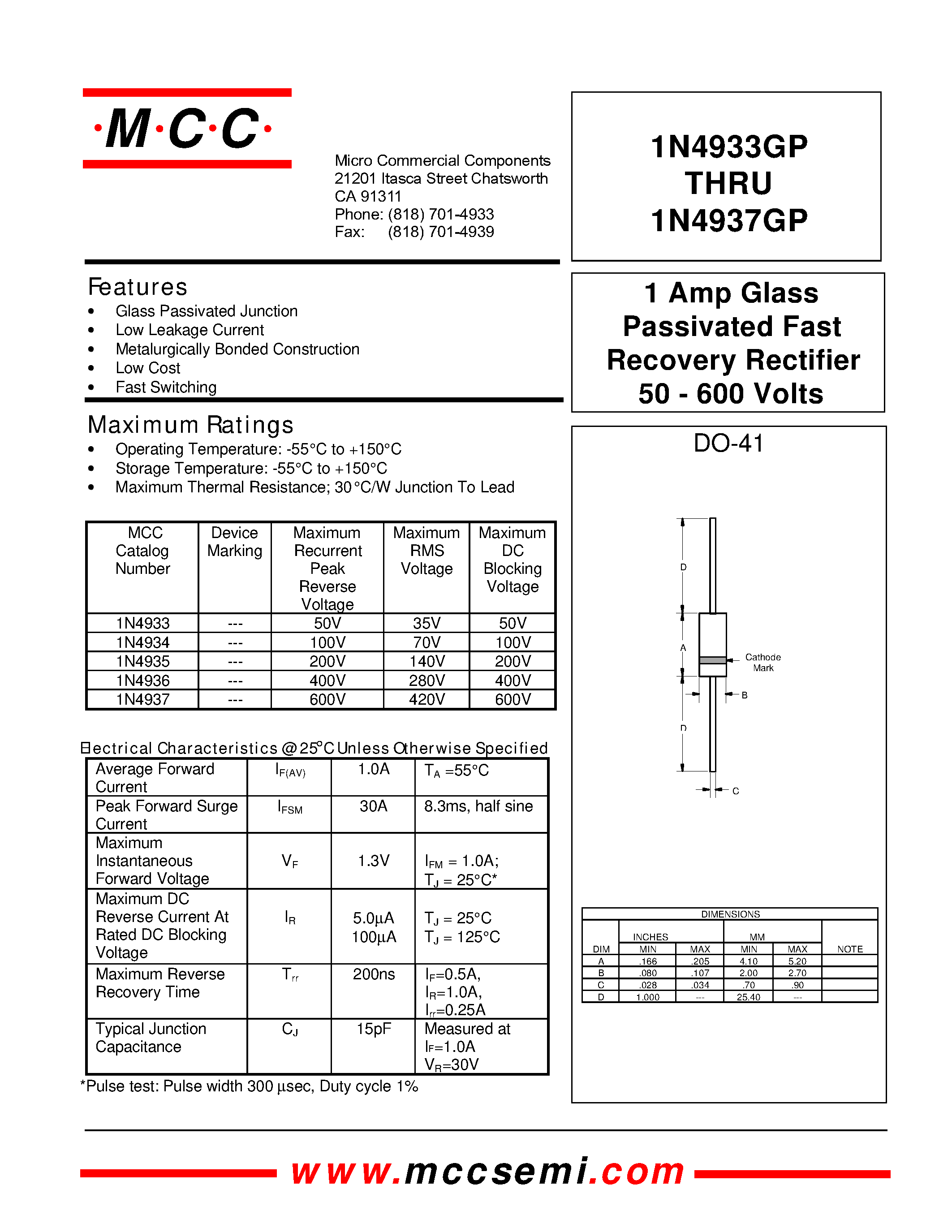 Datasheet 1N4933GP - 1 Amp Glass Passivated Fast Recovery Rectifier 50 - 600 Volts page 1