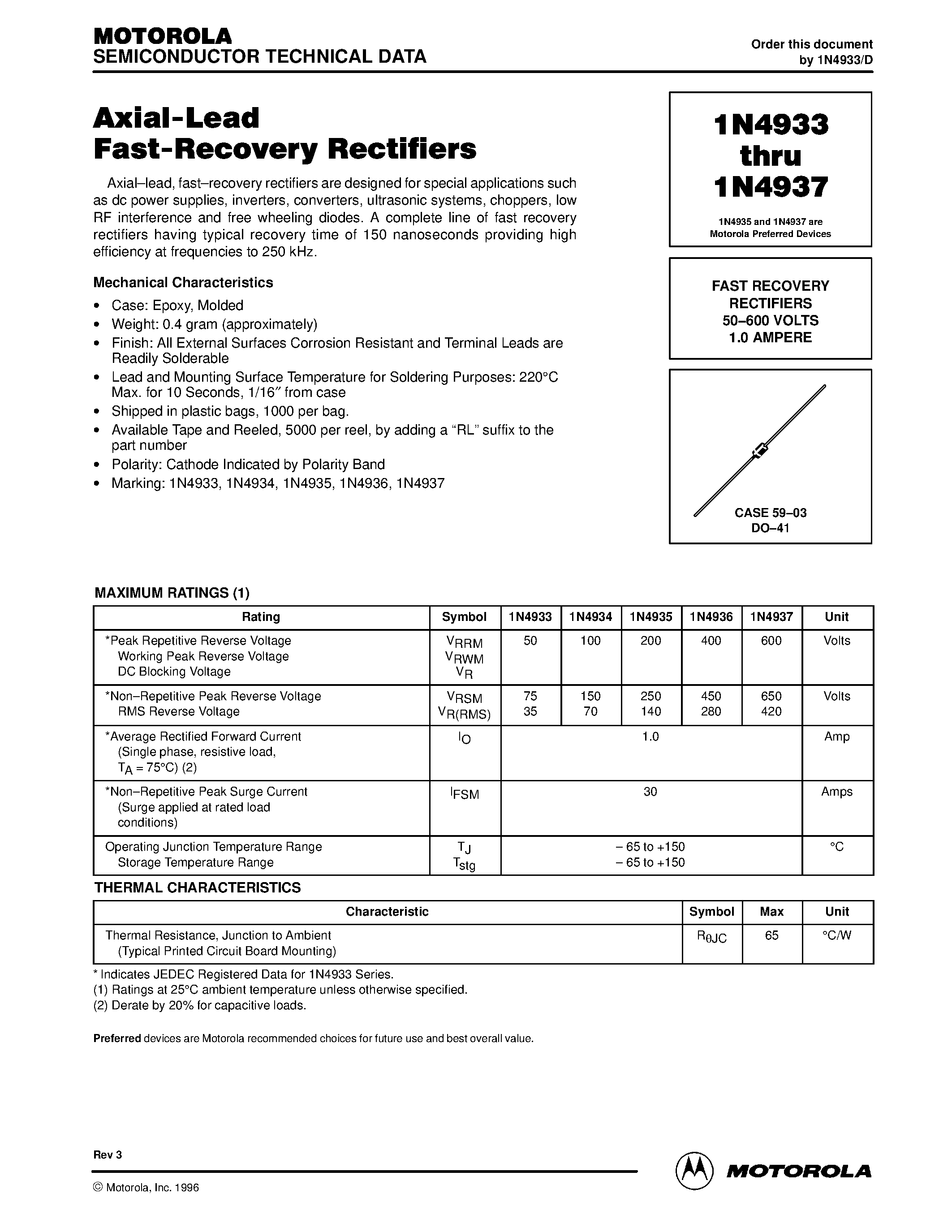 Datasheet 1N4936 page 1 Datasheet 1N4936 - FAST RECOVERY RECTIFIERS 50-600 VOLTS 1.0 AMPERE page 1