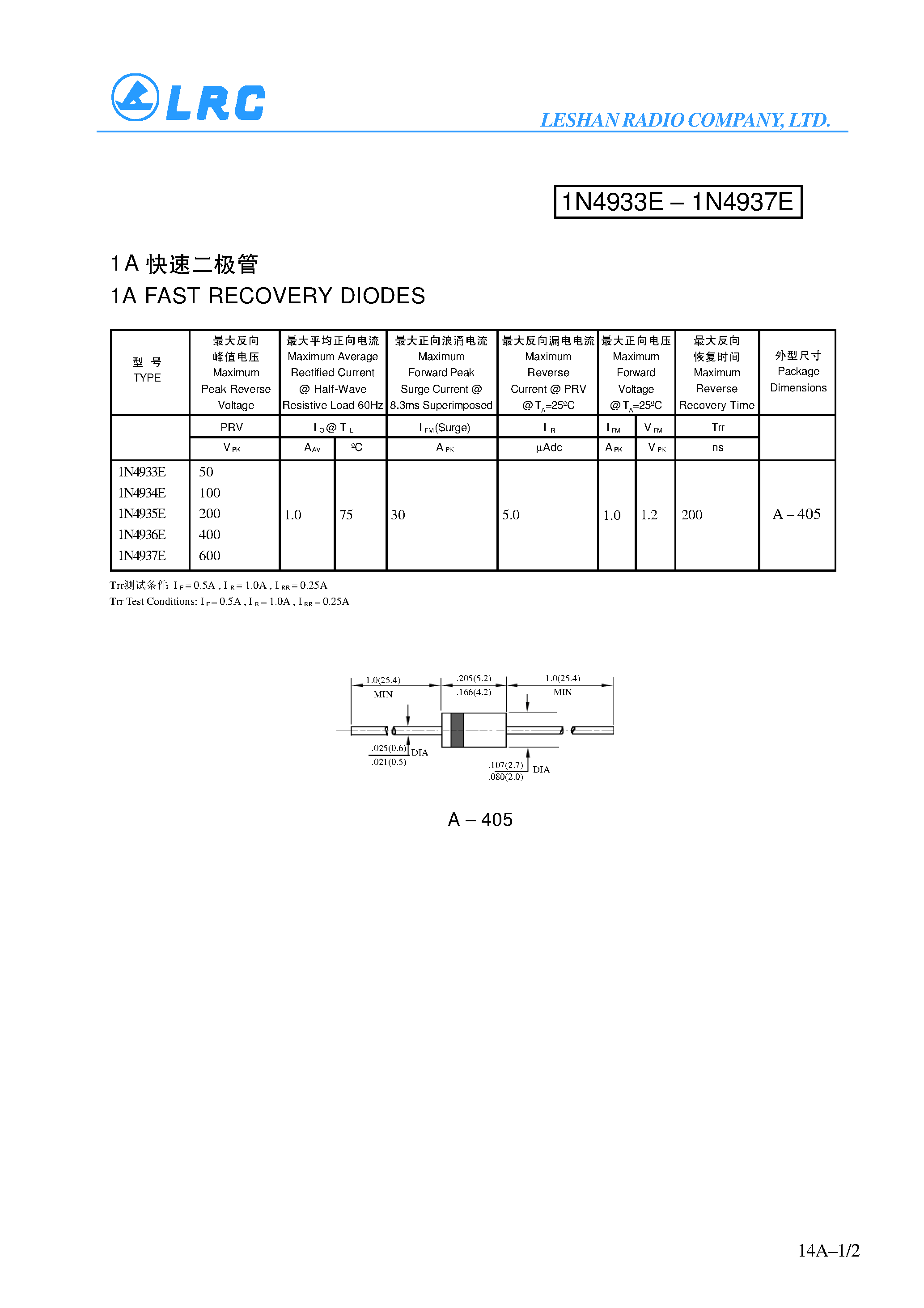 Datasheet 1N4937E - 1A FAST RECOVERY DIODES page 1