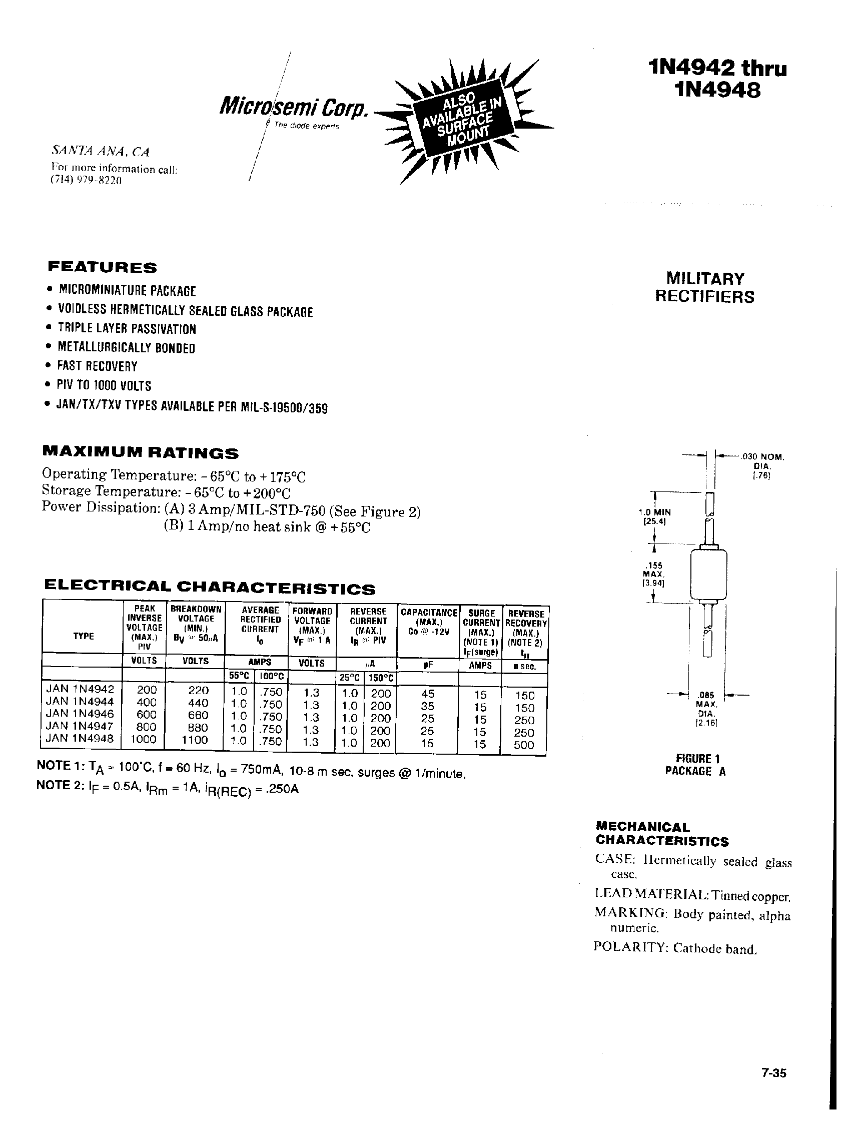 Даташит на микросхему 1N4945 страница 1 Даташит 1N4945 - MILITARY RECTIFIERS страница 1