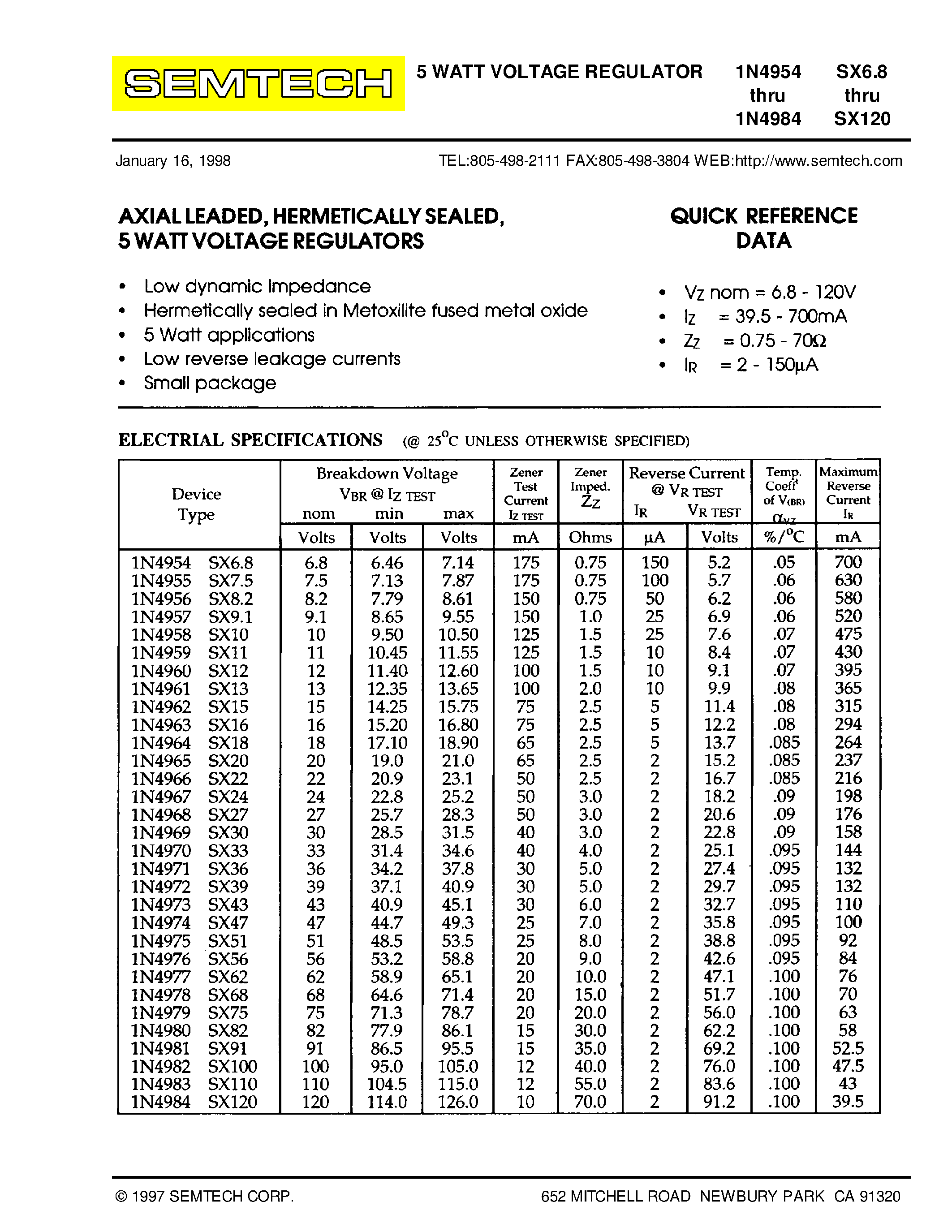 Datasheet 1N4975 page 1 Datasheet 1N4975 - 5 WATT VOLTAGE REGULATOR page 1