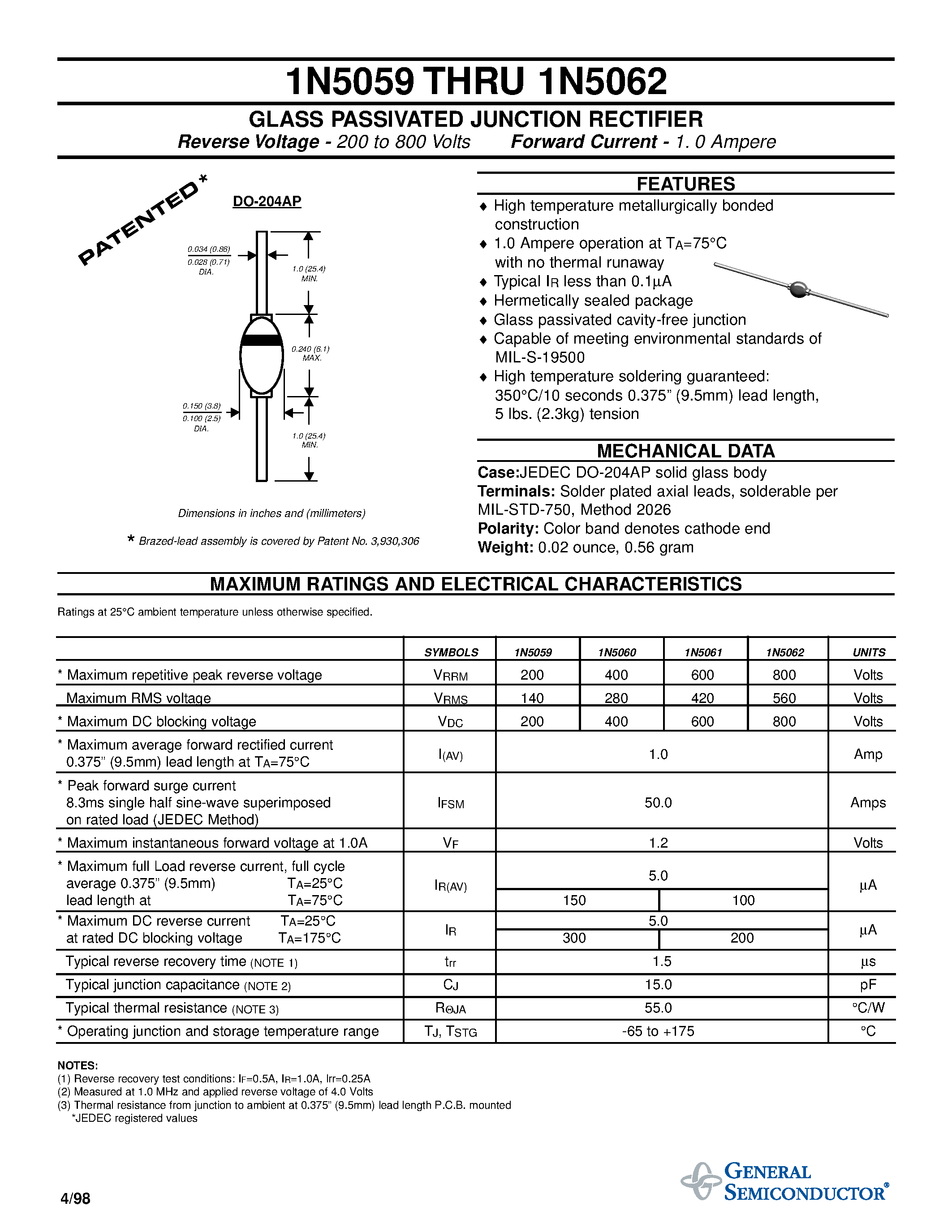 Datasheet 1N5059 page 1 Datasheet 1N5059 - GLASS PASSIVATED JUNCTION RECTIFIER page 1