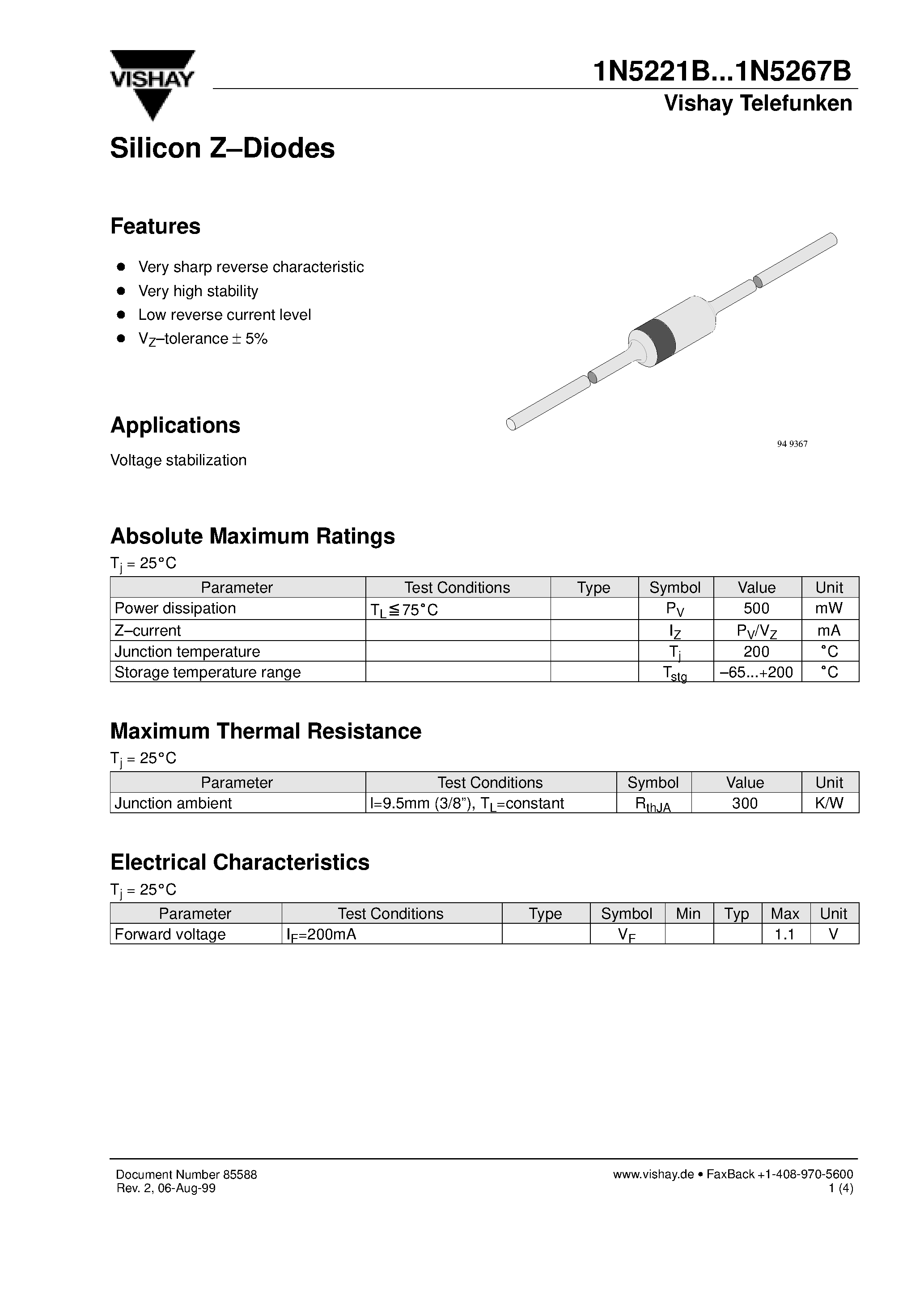 Datasheet 1N5222B page 1 Datasheet 1N5222B - Silicon Z-Diodes page 1