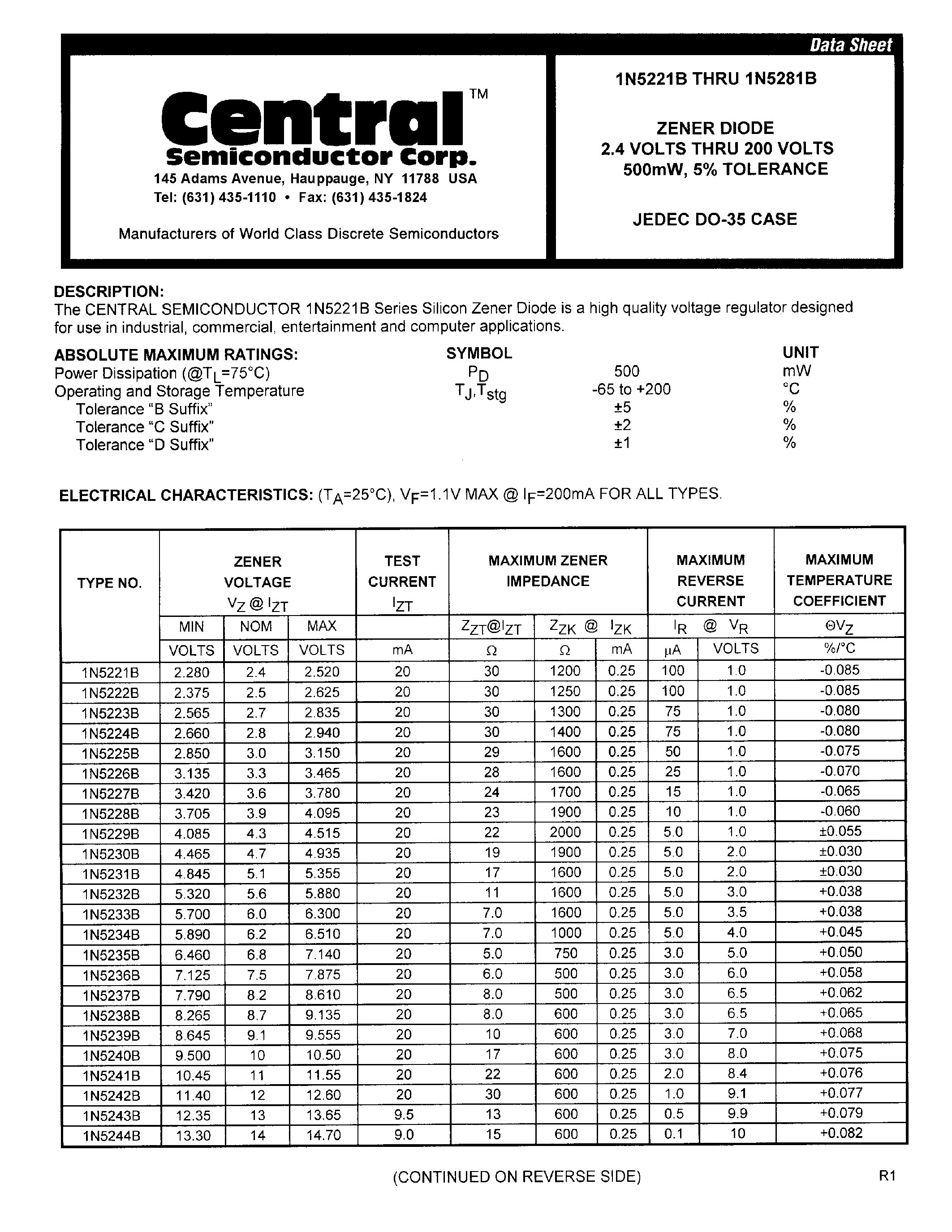 Datasheet 1N5242B - ZENER DIODE 2.4 VOLTS THRU 200VOLTS 500mL/ 5% TOLERANCE page 1