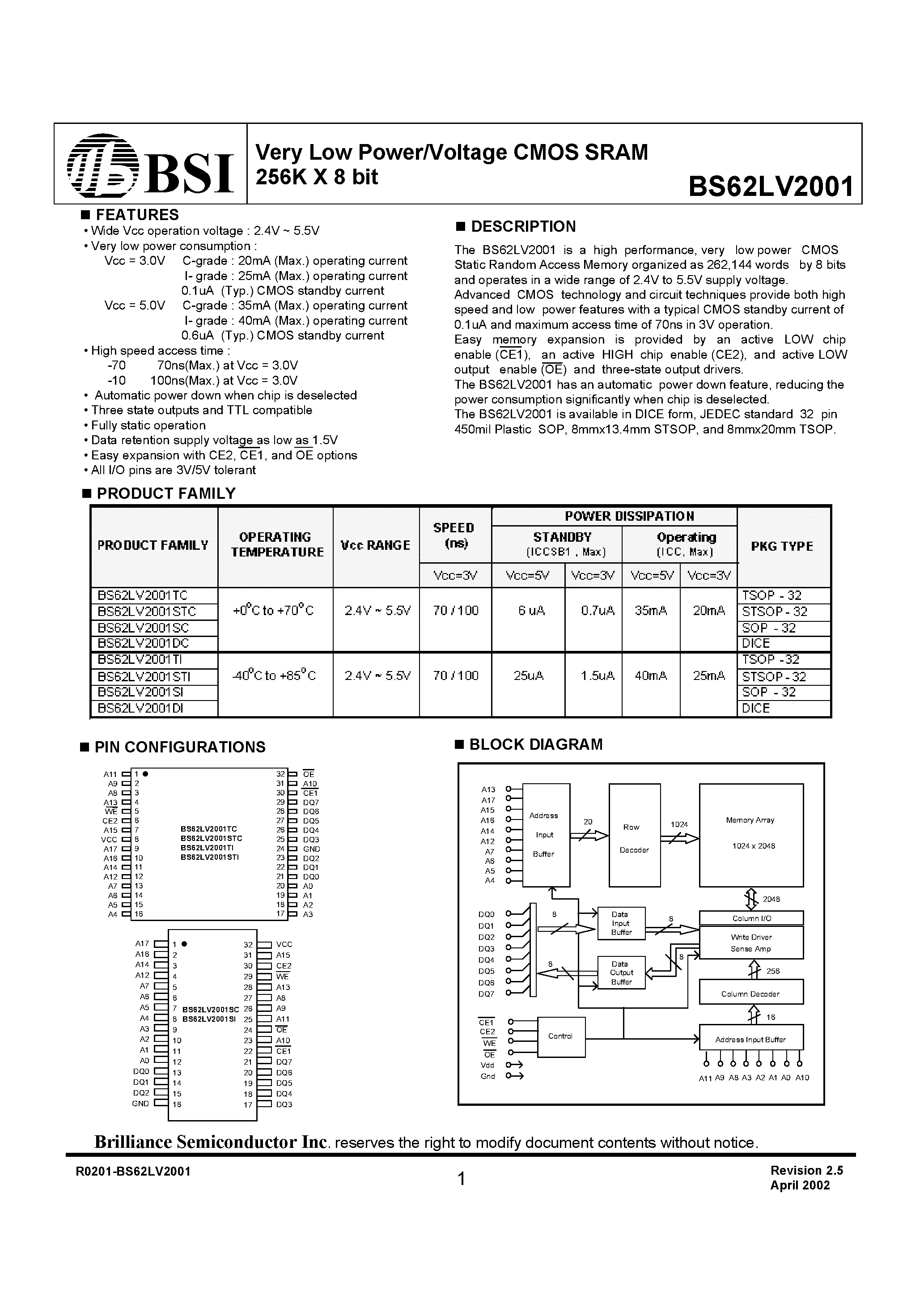 Даташит на микросхему BS62LV2001STC страница 1 Даташит BS62LV2001STC - Very Low Power/Voltage CMOS SRAM 256K X 8 bit страница 1