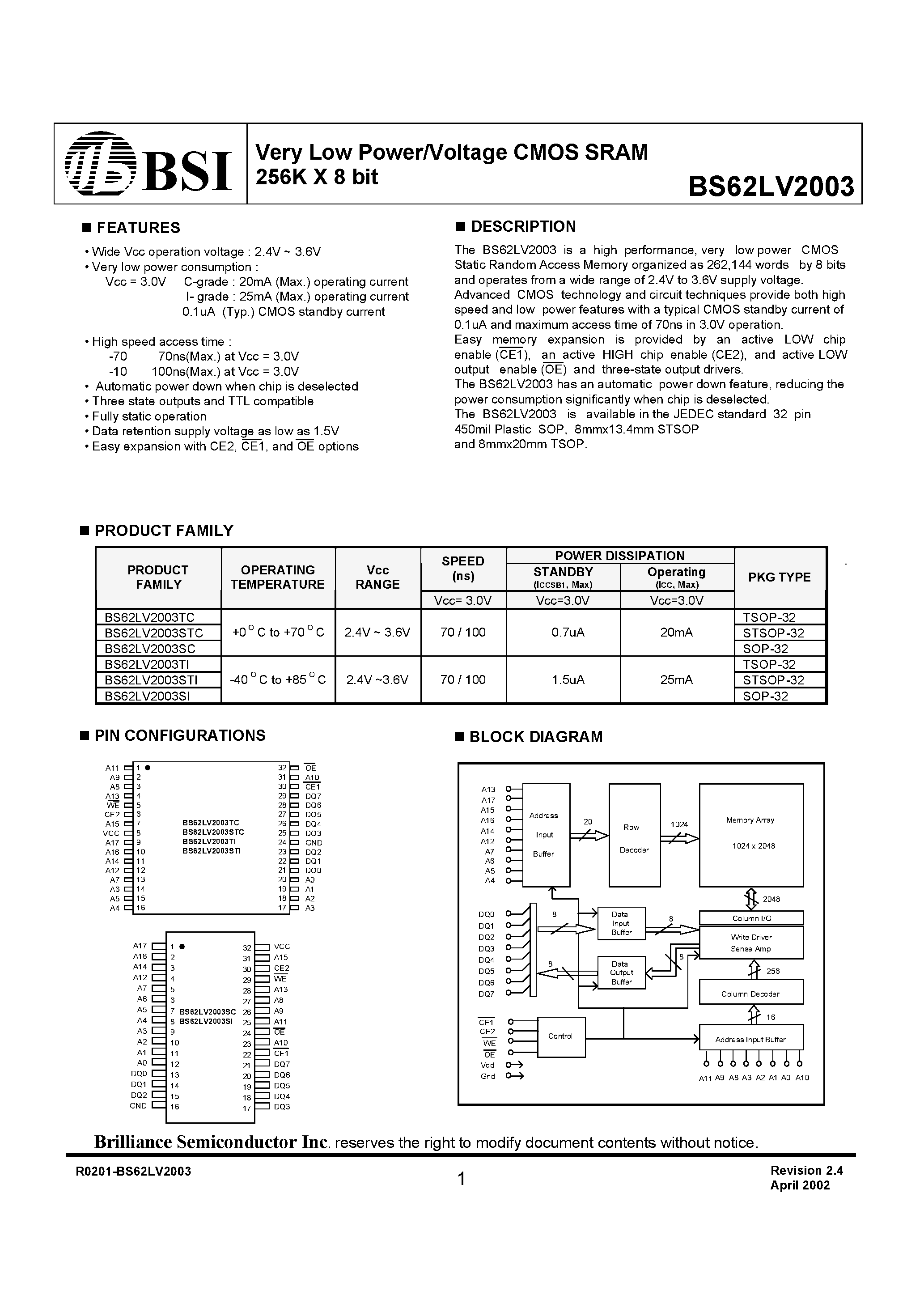 Даташит BS62LV2003TI - Very Low Power/Voltage CMOS SRAM 256K X 8 bit страница 1