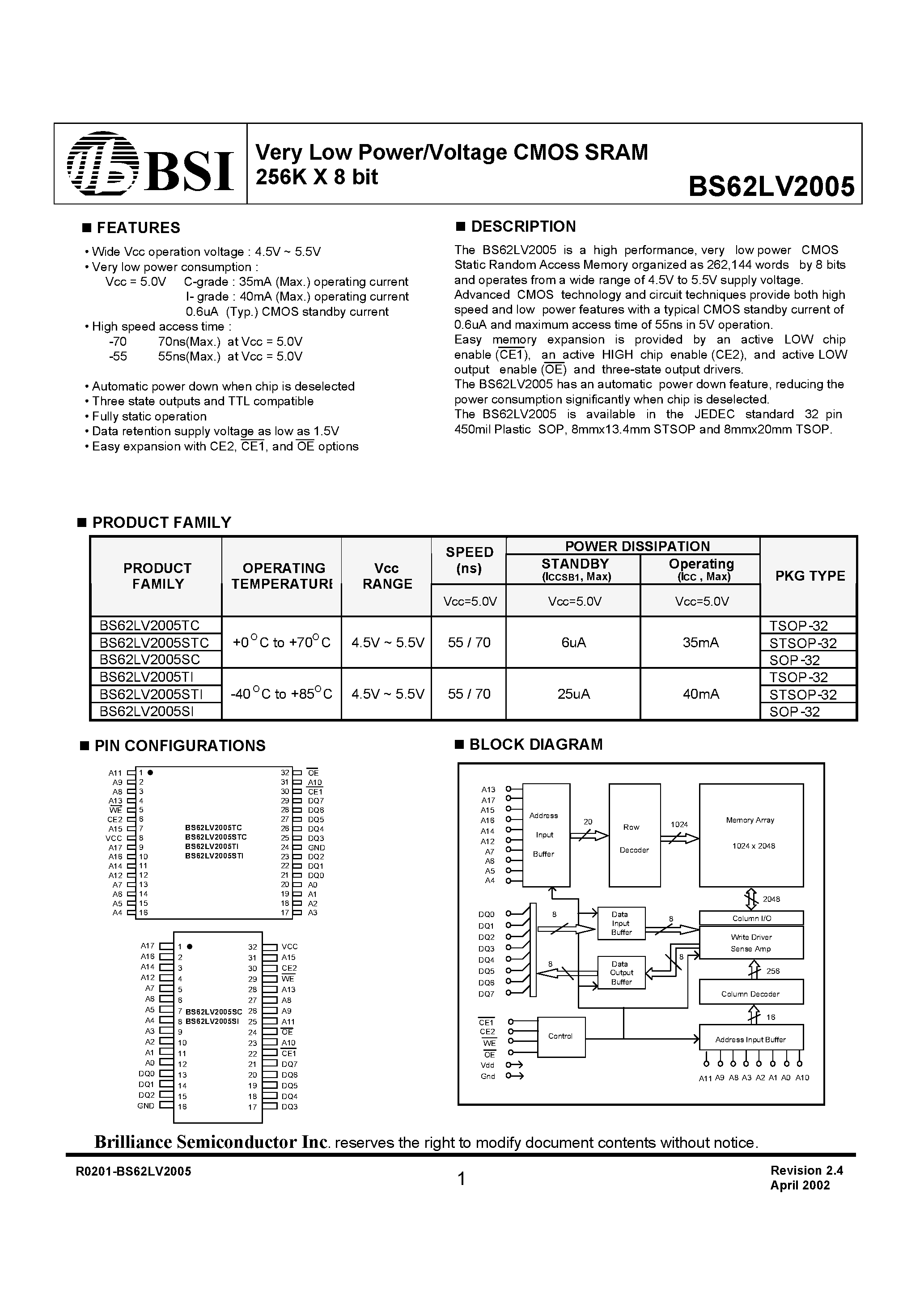 Даташит на микросхему BS62LV2005TI страница 1 Даташит BS62LV2005TI - Very Low Power/Voltage CMOS SRAM 256K X 8 bit страница 1
