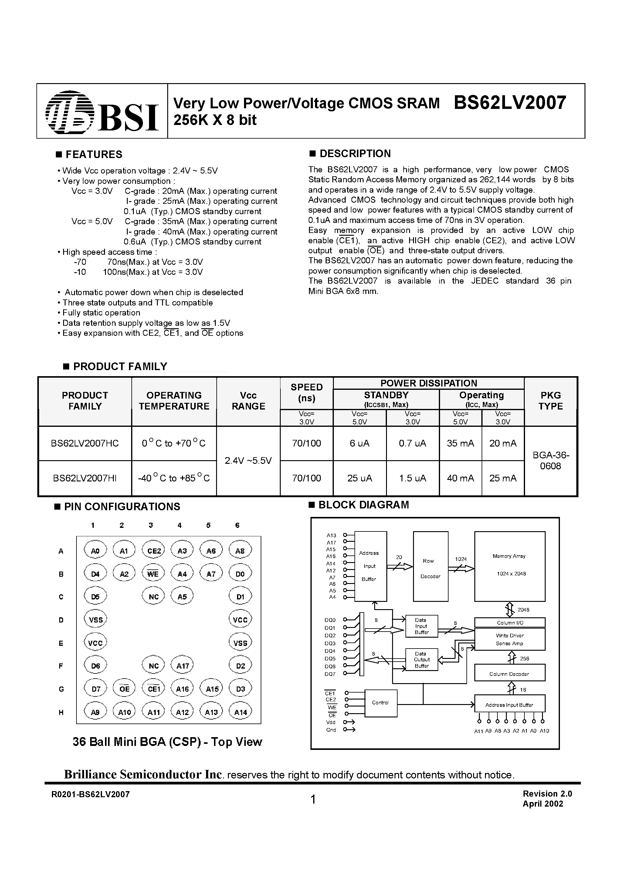Даташит на микросхему BS62LV2007 страница 1 Даташит BS62LV2007 - Very Low Power/Voltage CMOS SRAM 256K X 8 bit страница 1
