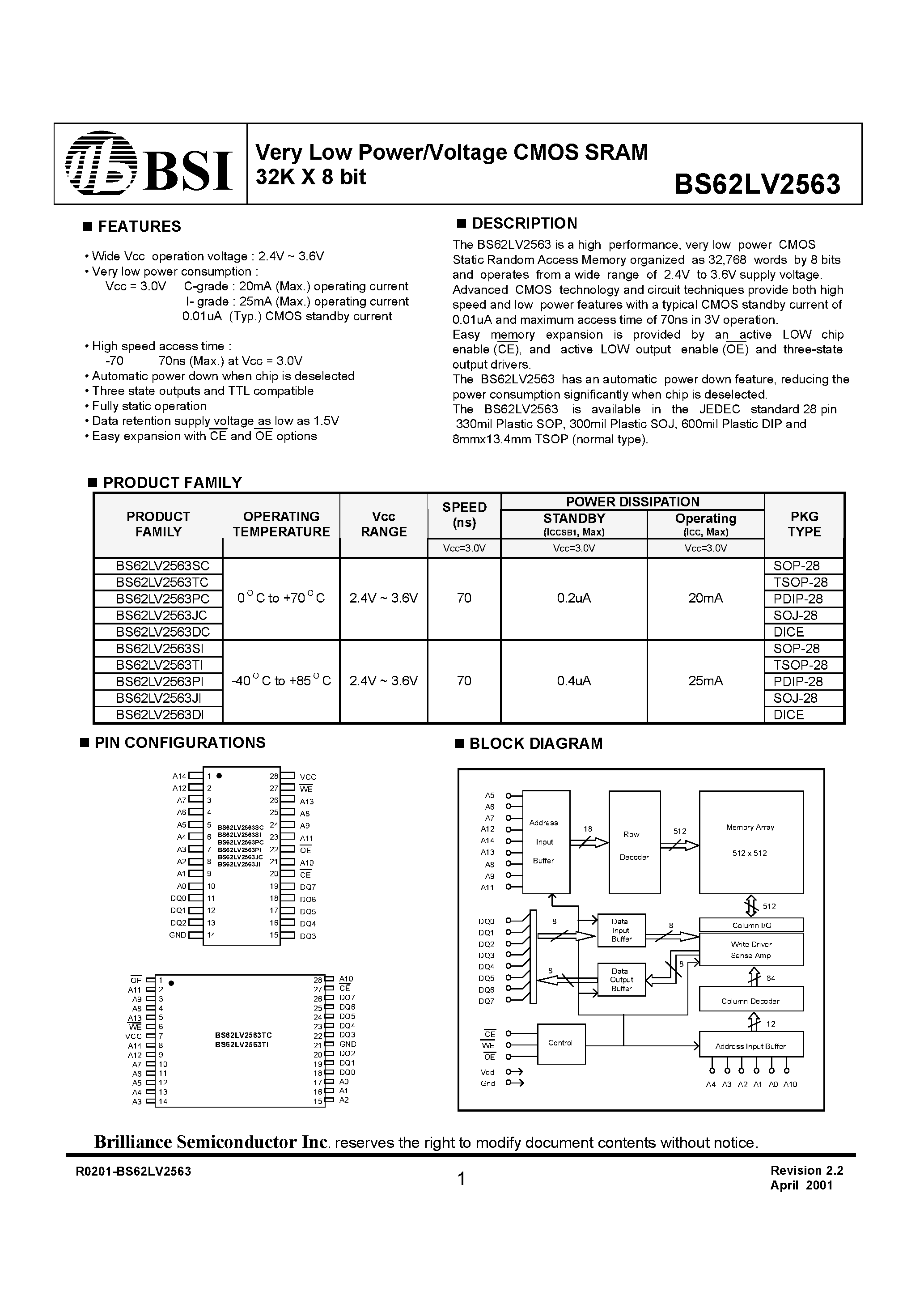 Даташит BS62LV2563DC - Very Low Power/Voltage CMOS SRAM 32K X 8 bit страница 1