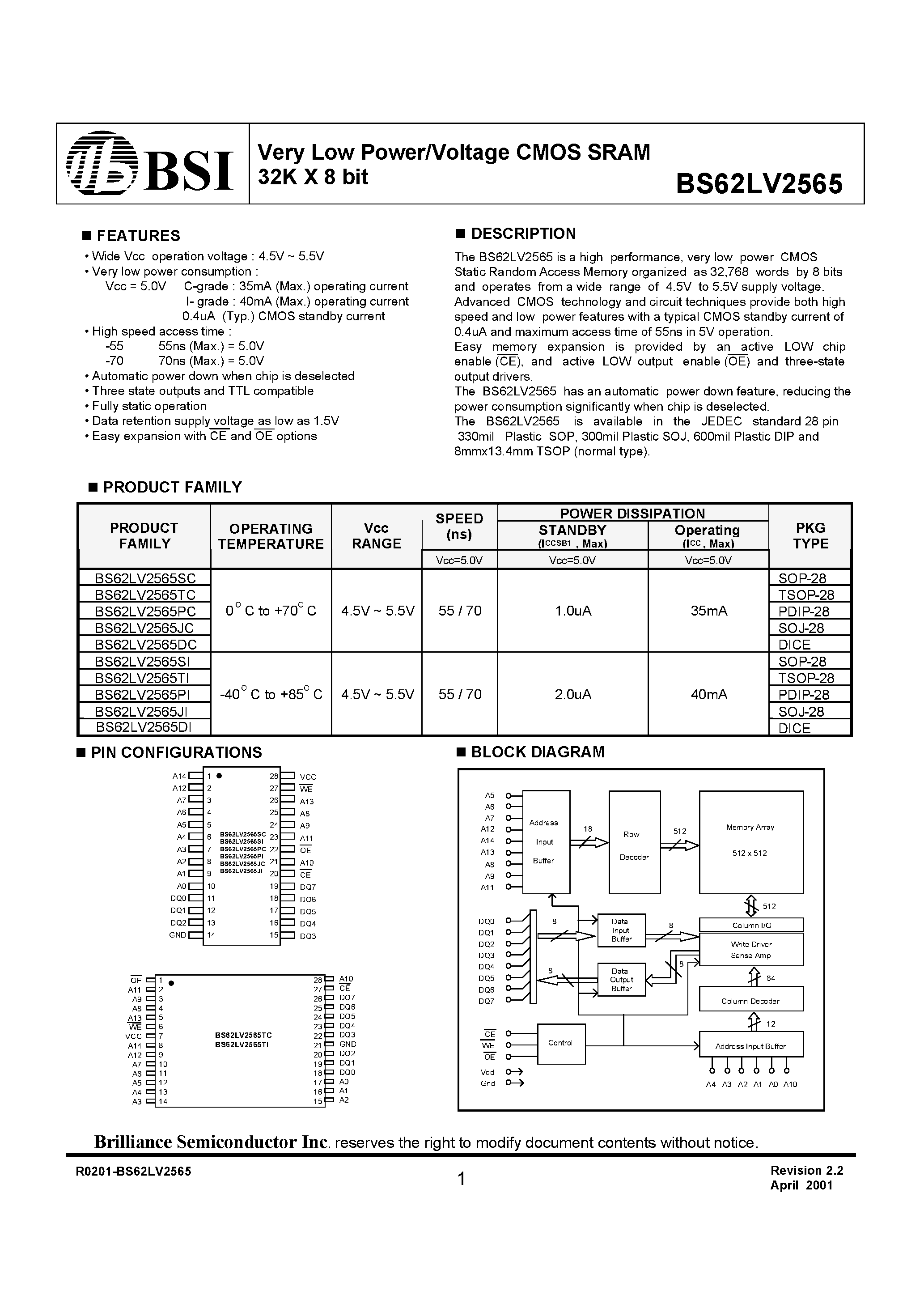 Даташит на микросхему BS62LV2565PC страница 1 Даташит BS62LV2565PC - Very Low Power/Voltage CMOS SRAM 32K X 8 bit страница 1