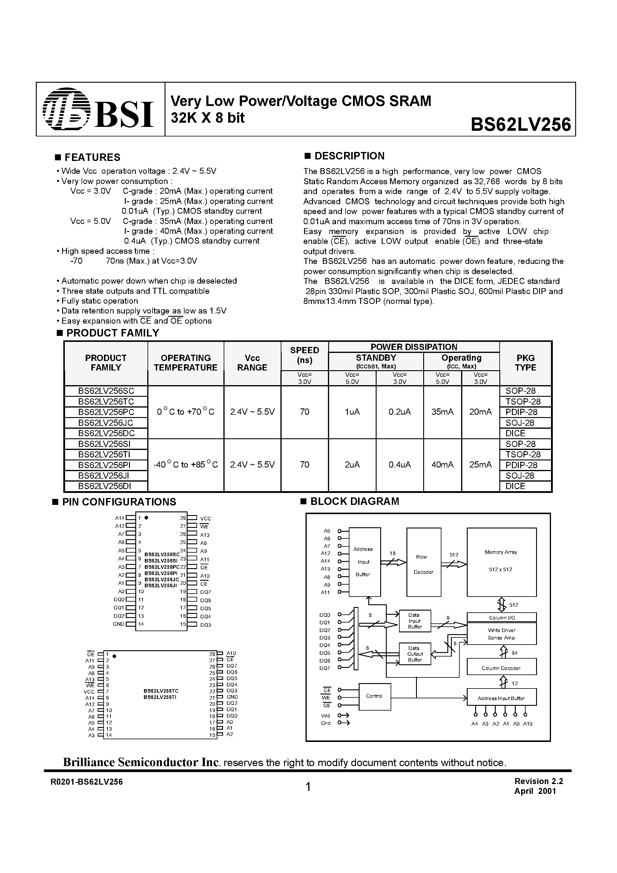 Даташит на микросхему BS62LV256SC страница 1 Даташит BS62LV256SC - Very Low Power/Voltage CMOS SRAM 32K X 8 bit страница 1