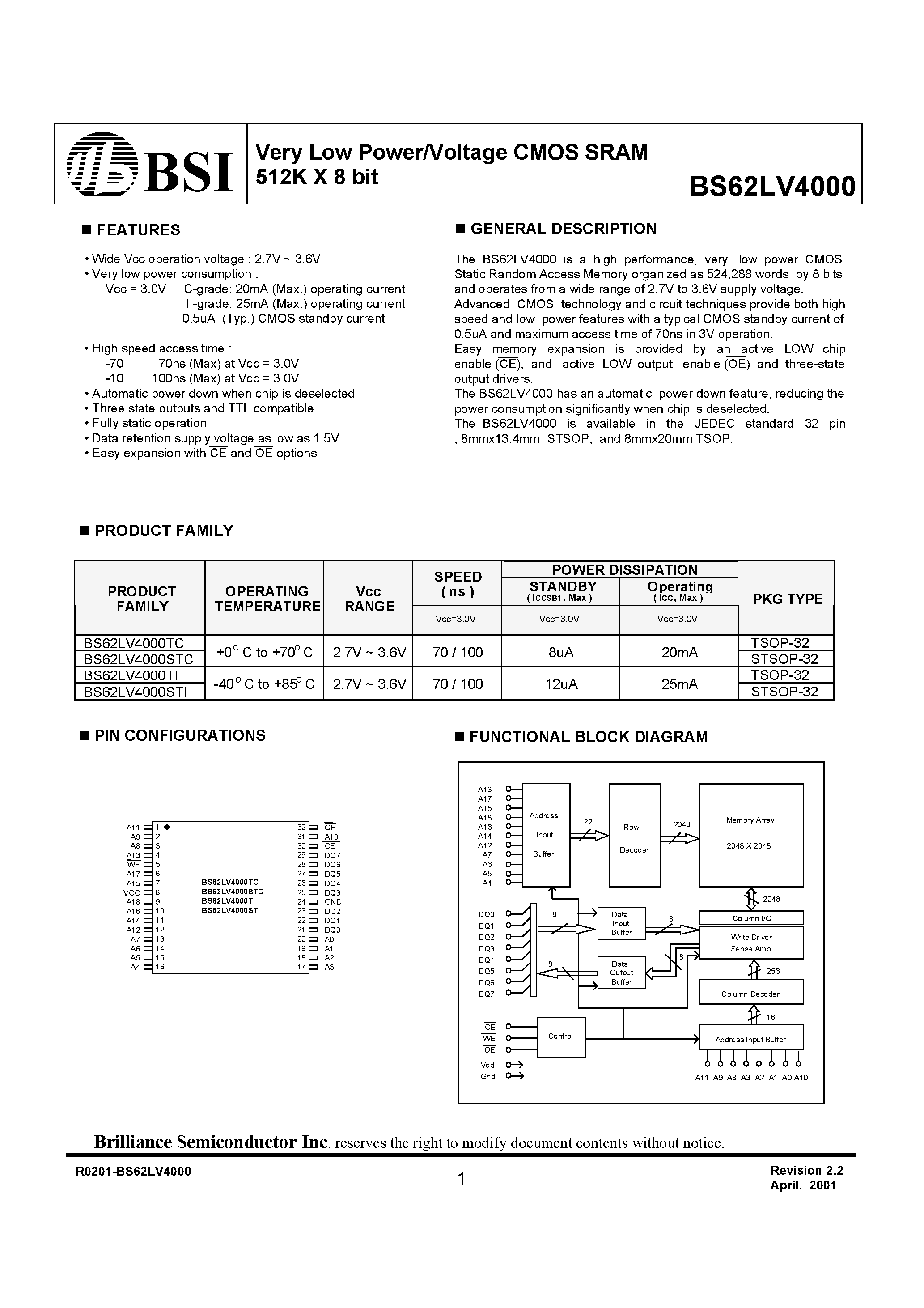 Даташит на микросхему BS62LV4000STC страница 1 Даташит BS62LV4000STC - Very Low Power/Voltage CMOS SRAM 512K X 8 bit страница 1