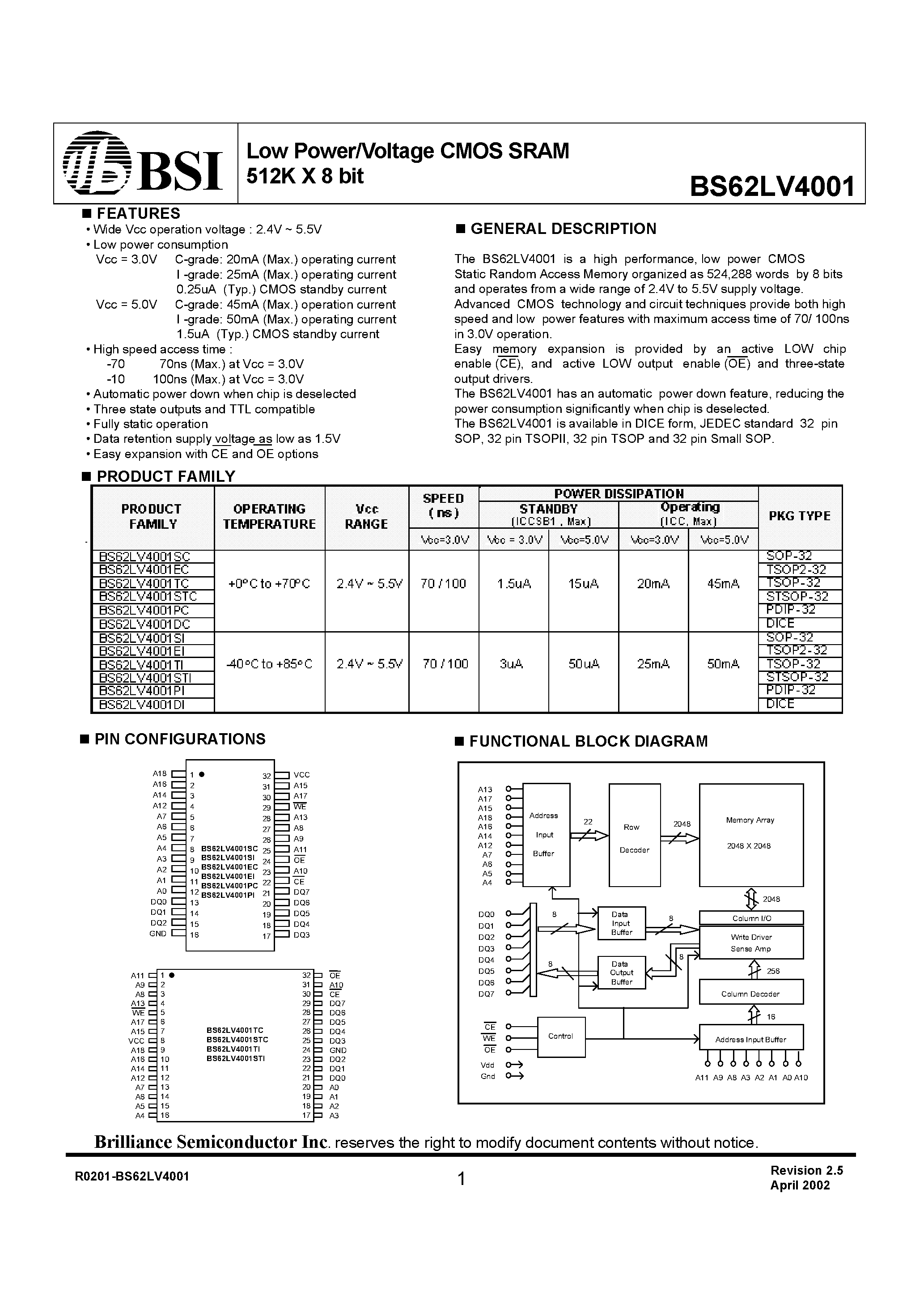 Даташит на микросхему BS62LV4001PI страница 1 Даташит BS62LV4001PI - Low Power/Voltage CMOS SRAM 512K X 8 bit страница 1