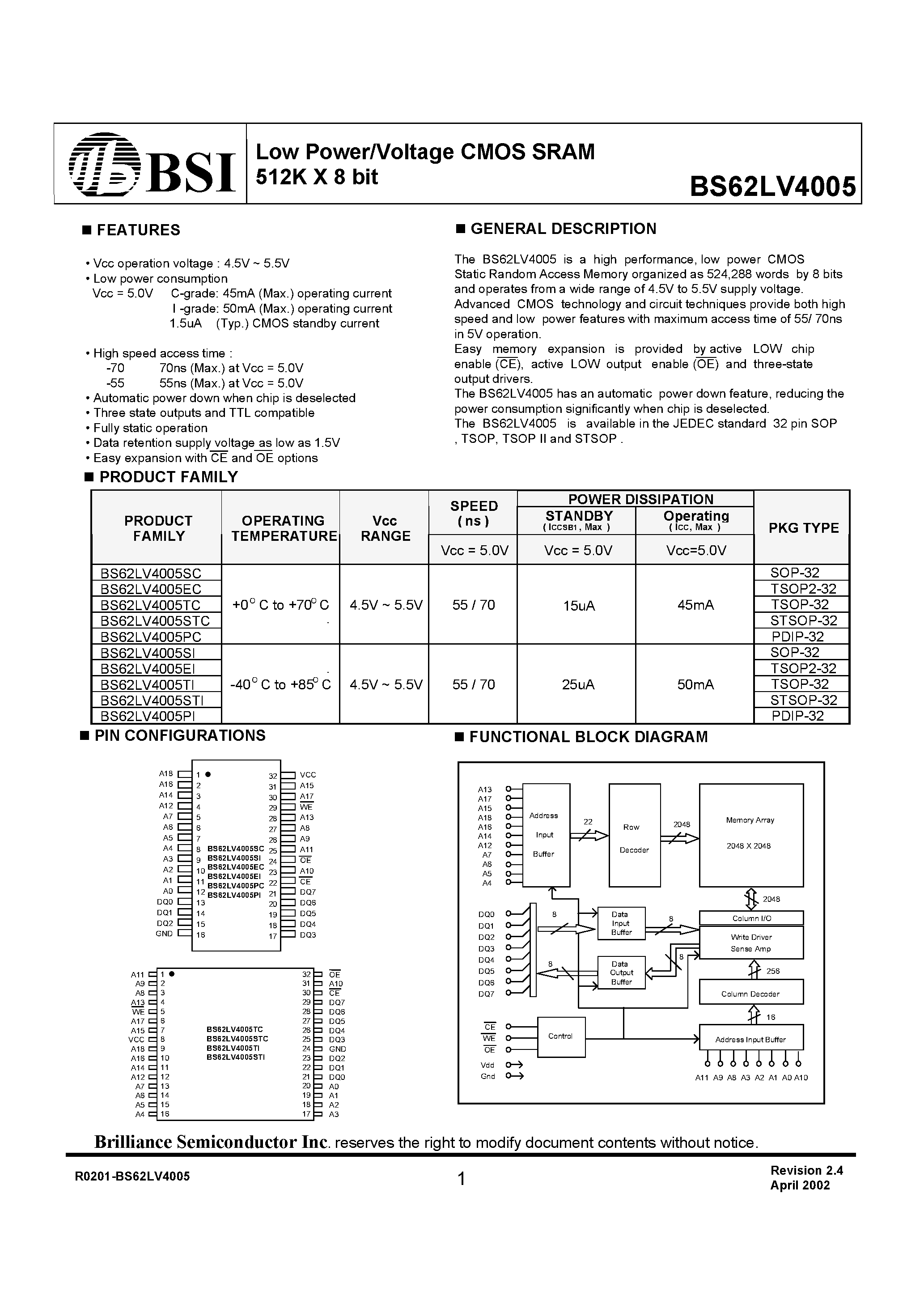 Даташит на микросхему BS62LV4005TC страница 1 Даташит BS62LV4005TC - Low Power/Voltage CMOS SRAM 512K X 8 bit страница 1